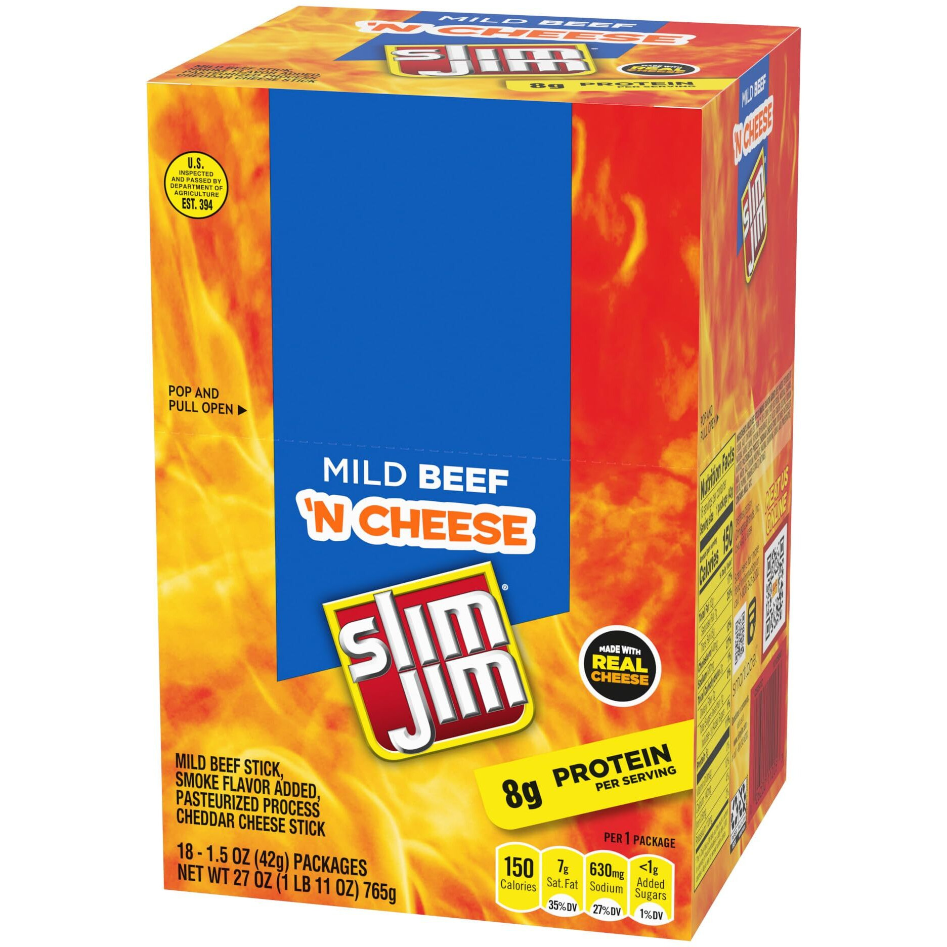 Slim Jim Beef And Cheese Stick, Mild Flavor, 1.5 Oz. 18-Count