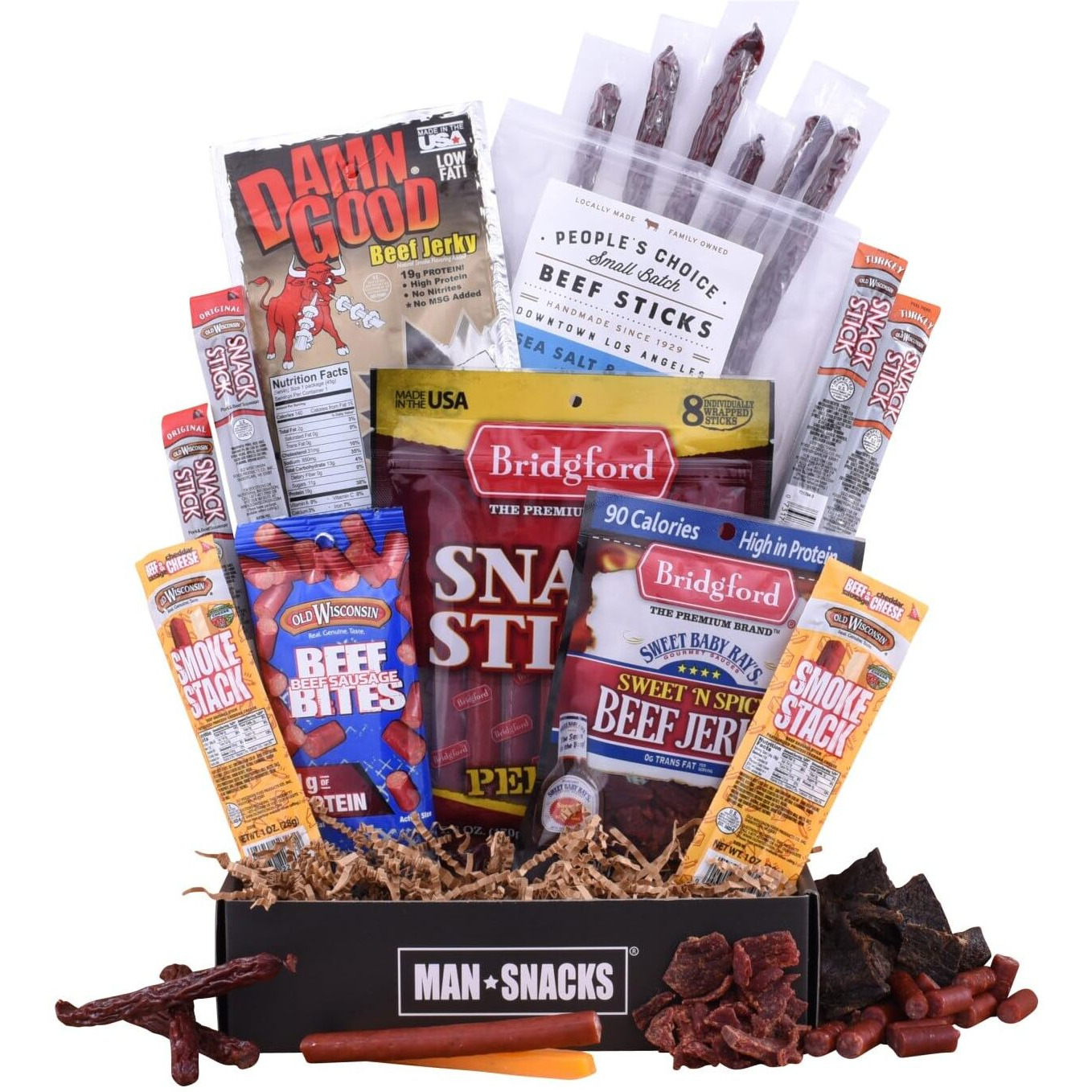 Mansnacks Jerky Gift Basket For Men - 29 Pc - Large Variety Of Beef Jerky, Jerky Bites, Beef Sticks, Pepperoni Sticks, Turkey Sticks & Cheese Sticks, In A Manly Gift Box | Unique Gift For Jerky Lovers