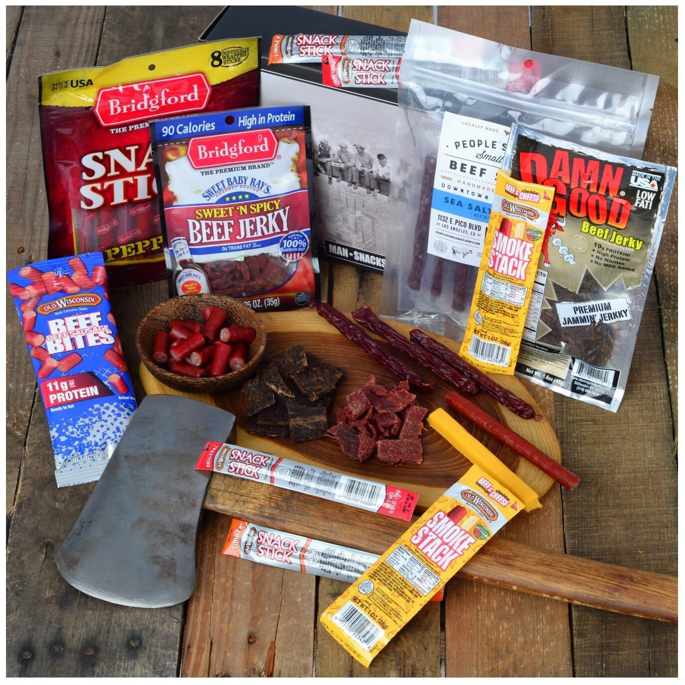 Mansnacks Jerky Gift Basket For Men - 29 Pc - Large Variety Of Beef Jerky, Jerky Bites, Beef Sticks, Pepperoni Sticks, Turkey Sticks & Cheese Sticks, In A Manly Gift Box | Unique Gift For Jerky Lovers