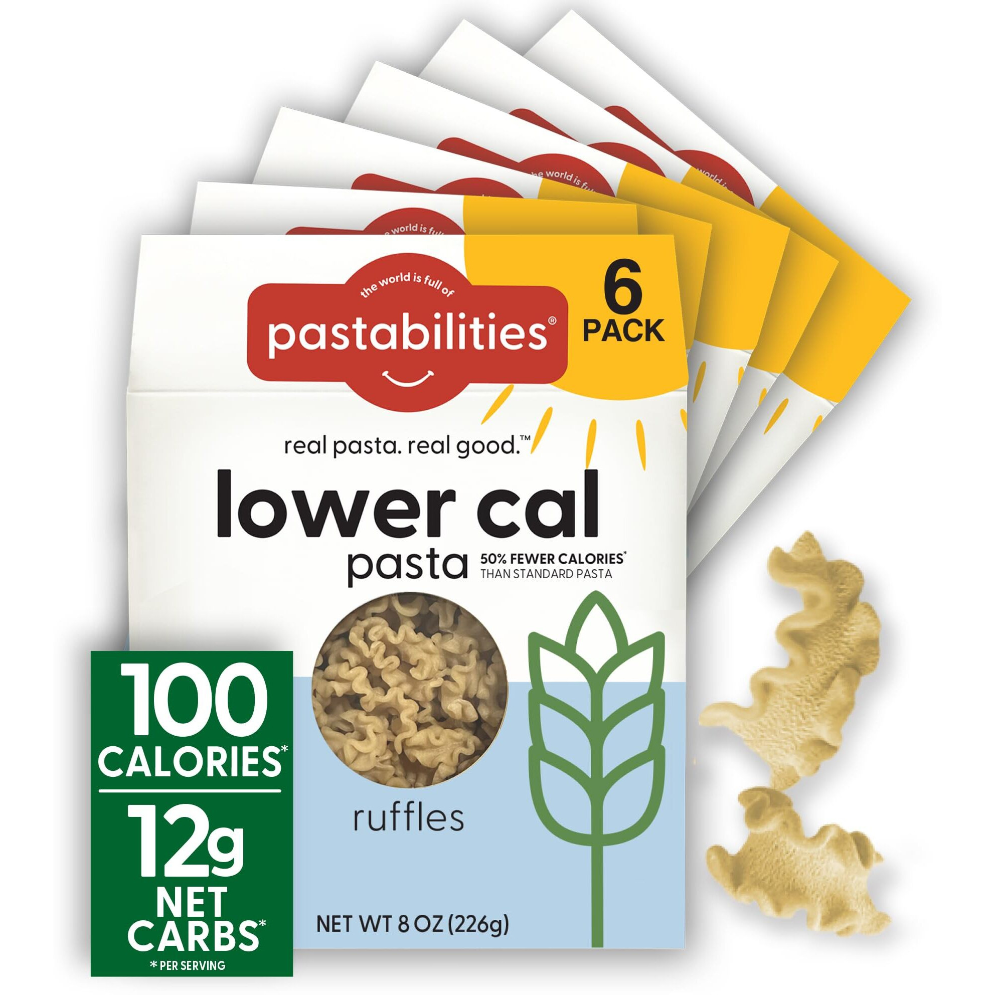 Pastabilities, Lower Calorie Pasta, Ruffles - 100 Calories/Serving Low Net Carbs, Low Calorie, Non-Gmo, High Fiber, Vegan, Plant-Based, Enhanced Nutrients, Delicious Taste & Texture (8 Ounce, 6 Pack)