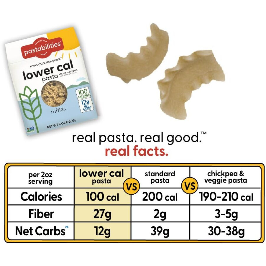 Pastabilities, Lower Calorie Pasta, Ruffles - 100 Calories/Serving Low Net Carbs, Low Calorie, Non-Gmo, High Fiber, Vegan, Plant-Based, Enhanced Nutrients, Delicious Taste & Texture (8 Ounce, 6 Pack)