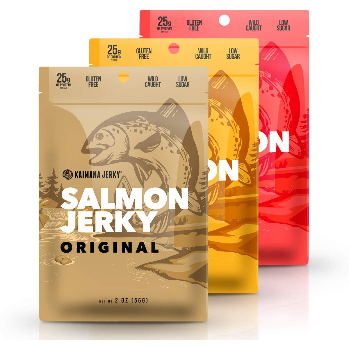 Kaimana Jerky Wild Caught Salmon Jerky - Organic Dried Fish Strips Rich In Omega-3, Protein - Low-Calorie Seafood Snack With No Gluten, Less Sodium & Sugar - Original, Teriyaki, Spicy Flavors - 3-Pack