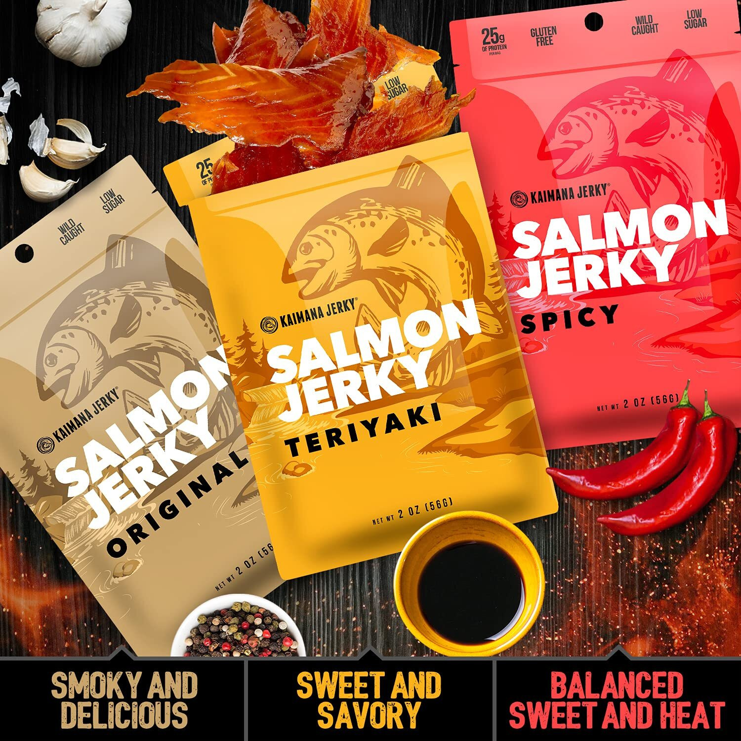 Kaimana Jerky Wild Caught Salmon Jerky - Organic Dried Fish Strips Rich In Omega-3, Protein - Low-Calorie Seafood Snack With No Gluten, Less Sodium & Sugar - Original, Teriyaki, Spicy Flavors - 3-Pack