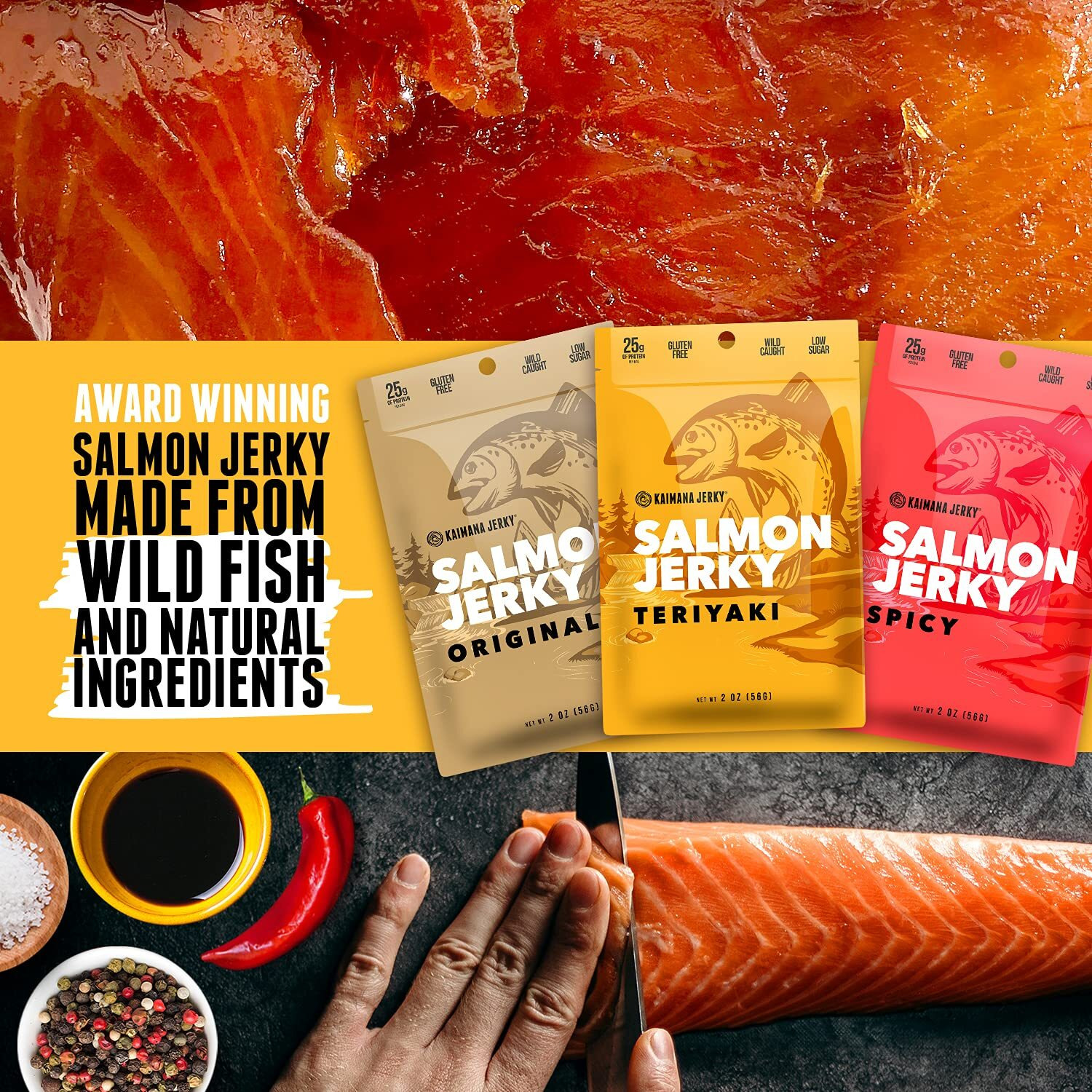 Kaimana Jerky Wild Caught Salmon Jerky - Organic Dried Fish Strips Rich In Omega-3, Protein - Low-Calorie Seafood Snack With No Gluten, Less Sodium & Sugar - Original, Teriyaki, Spicy Flavors - 3-Pack