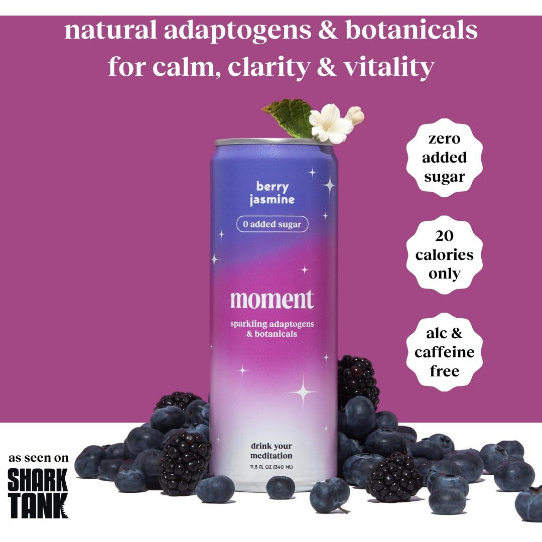 Moment Adaptogen Drink (Shark Tank) | Berry Jasmine Sparkling Soda | Flavored Sparkling Water | L-Theanine, Ashwagandha For Calm | Sugar Free Drinks, 0 Caffeine, 0 Alcohol | 12-Pack