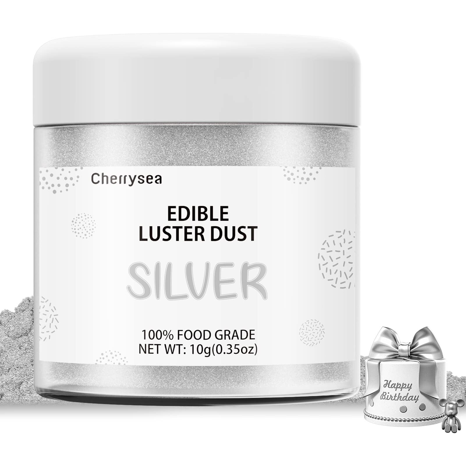 Silver Edible Luster Dust 10 Grams, Food Grade Cake Luster Dust Tasteless Dessert Dusting Powders For Baking Cherrysea Food Coloring Powder For Cupcakes, Cake Pops,Fondant,Chocolate, Candy