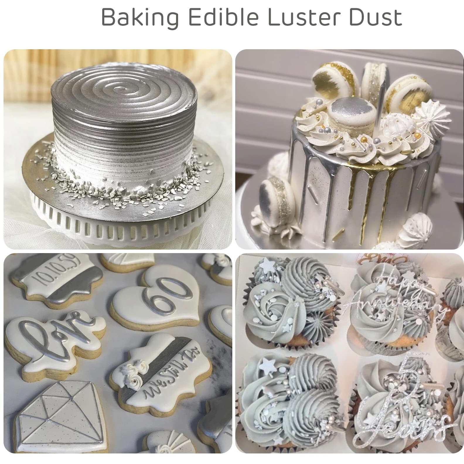 Silver Edible Luster Dust 10 Grams, Food Grade Cake Luster Dust Tasteless Dessert Dusting Powders For Baking Cherrysea Food Coloring Powder For Cupcakes, Cake Pops,Fondant,Chocolate, Candy