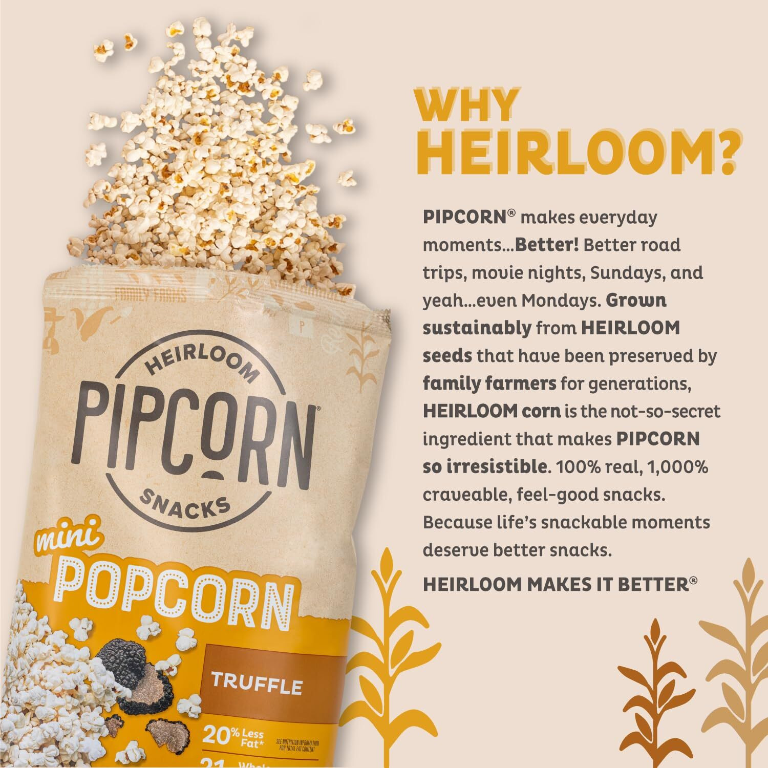 Heirloom Truffle Mini Popcorn By Pipcorn - 4.5Oz 6Pk - Healthy Snacks, Gluten Free Snacks, Heirloom Corn, Salty Snacks, Black Truffle