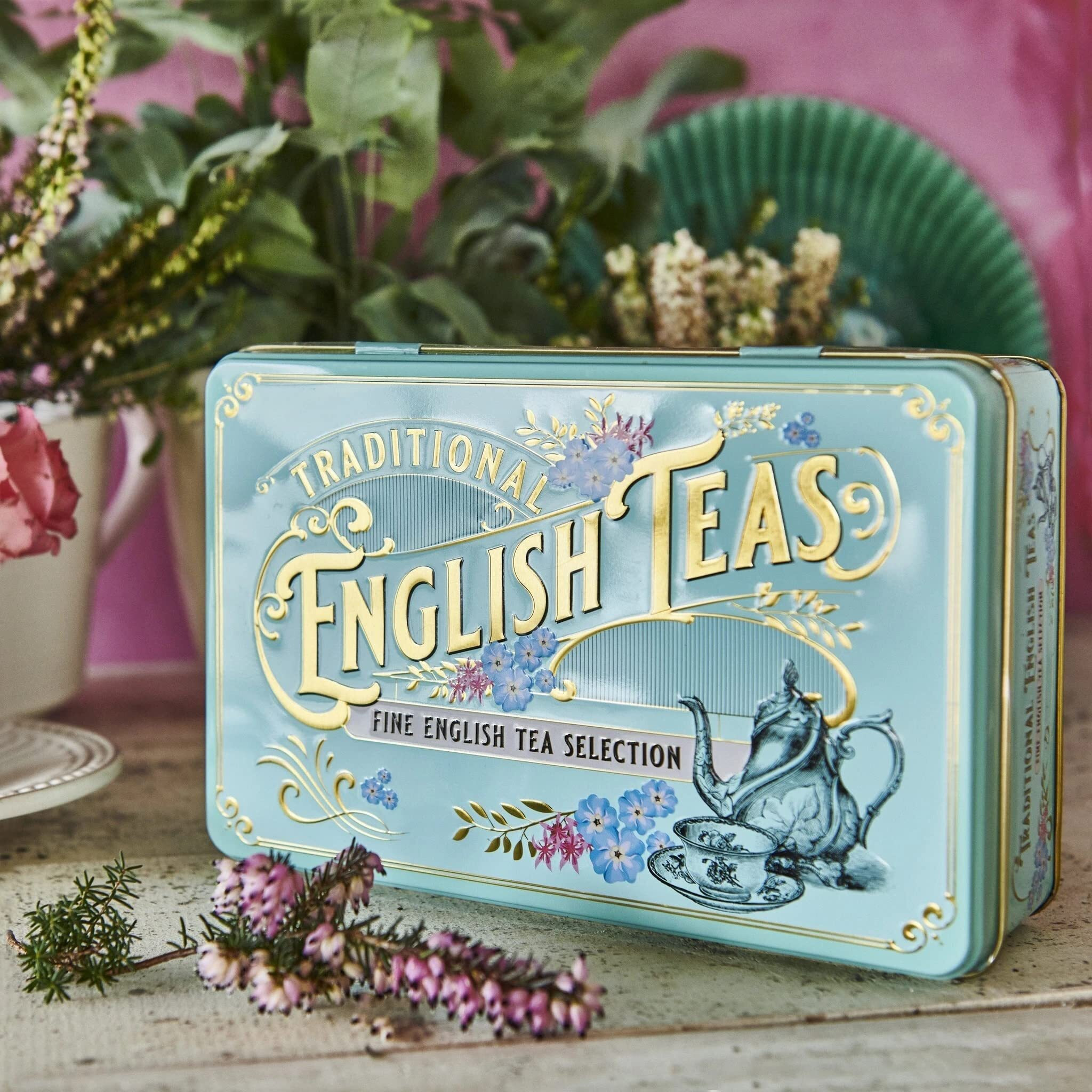New English Teas Vintage Victorian Tea Gift Tin With 72 Assorted English Teabags For Tea Lovers, Forget Me Not - English Breakfast Tea, Earl Grey