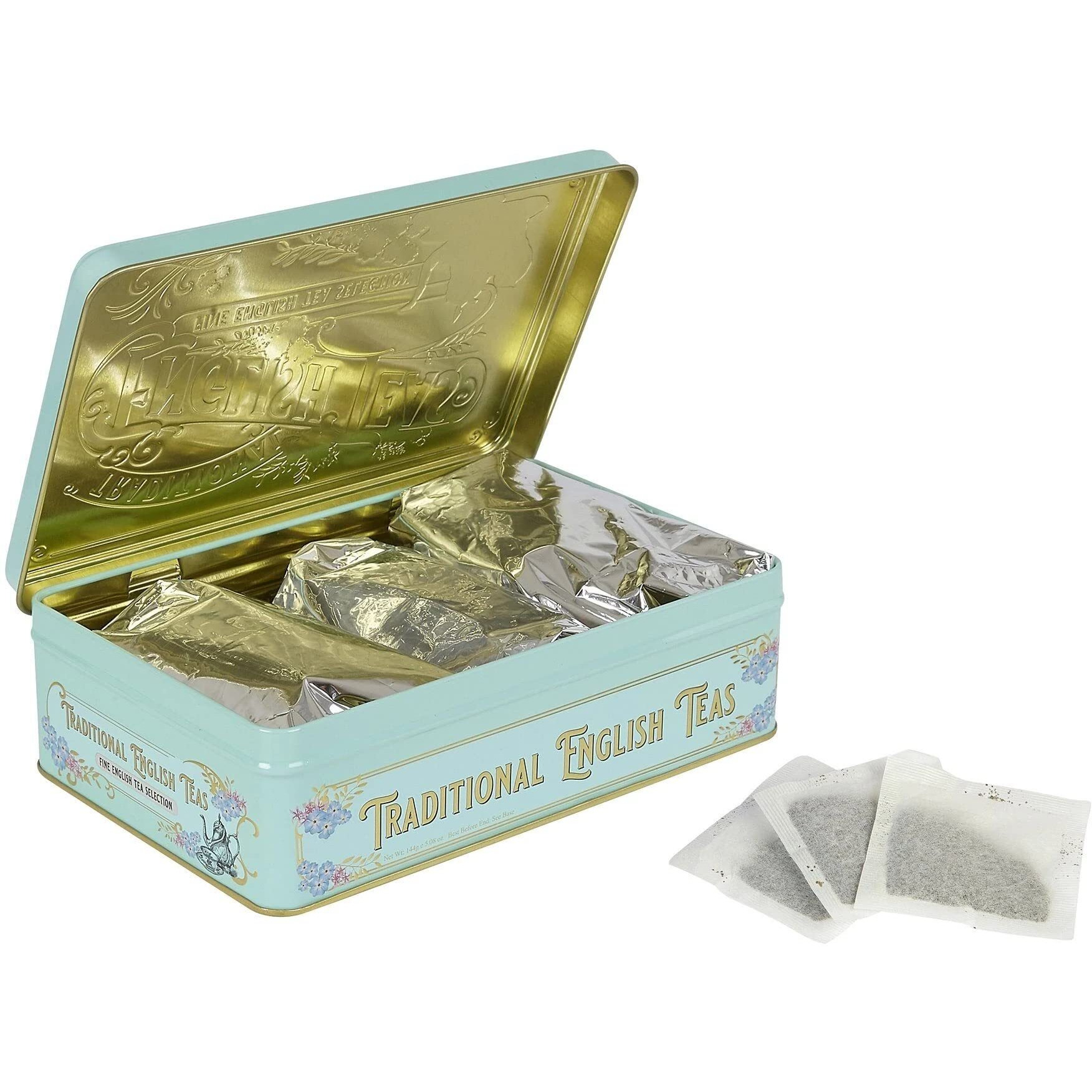 New English Teas Vintage Victorian Tea Gift Tin With 72 Assorted English Teabags For Tea Lovers, Forget Me Not - English Breakfast Tea, Earl Grey