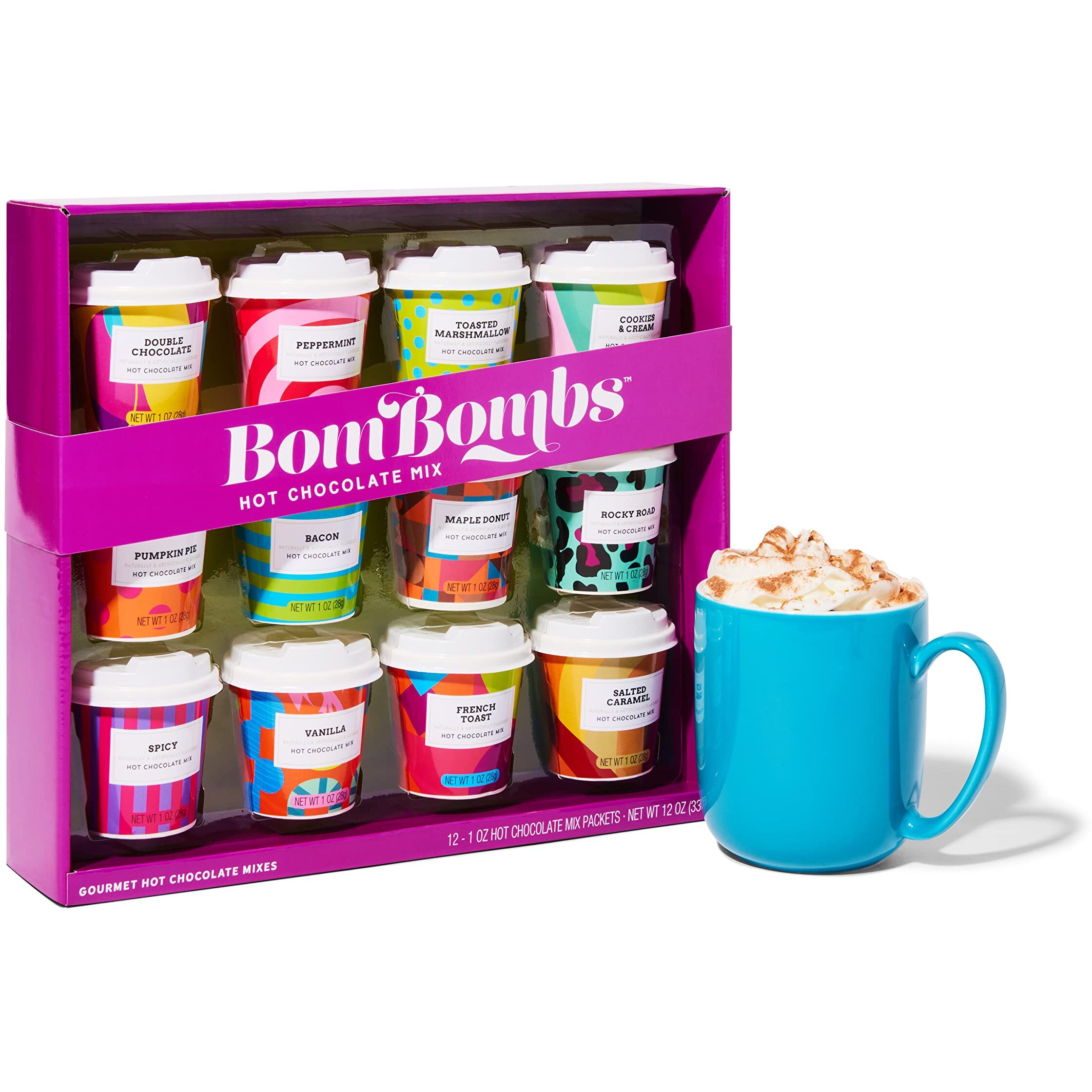Bombombs, Hot Chocolate Mix Gift Set With Mini Cup Packaging, Dessert Flavors Include Rocky Road, Cookies Butter, Pumpkin Pie & More, Set Of 12