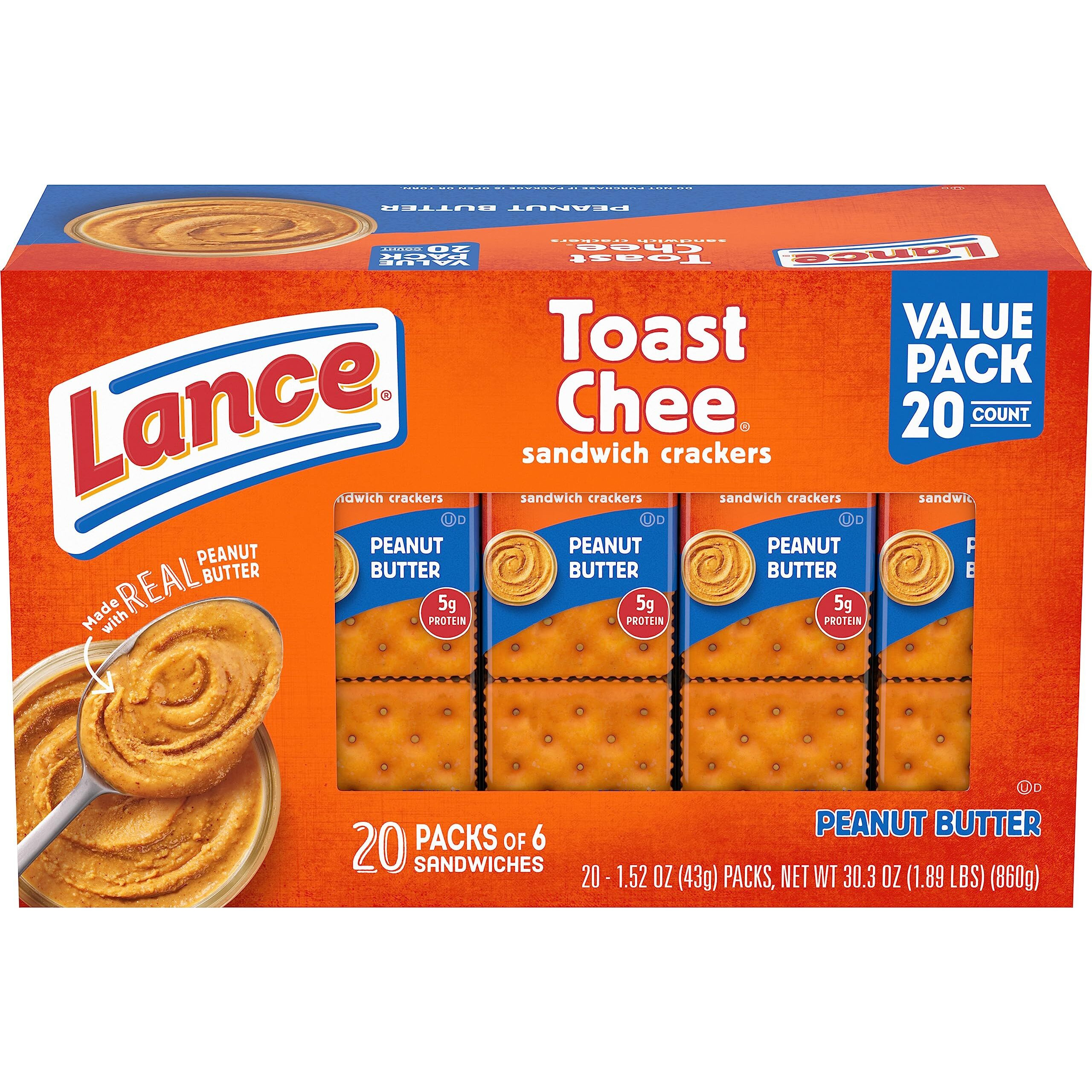 Lance Sandwich Crackers, Toastchee Peanut Butter, 20 Individually Wrapped Packs, 6 Sandwiches Each (Pack Of 6)