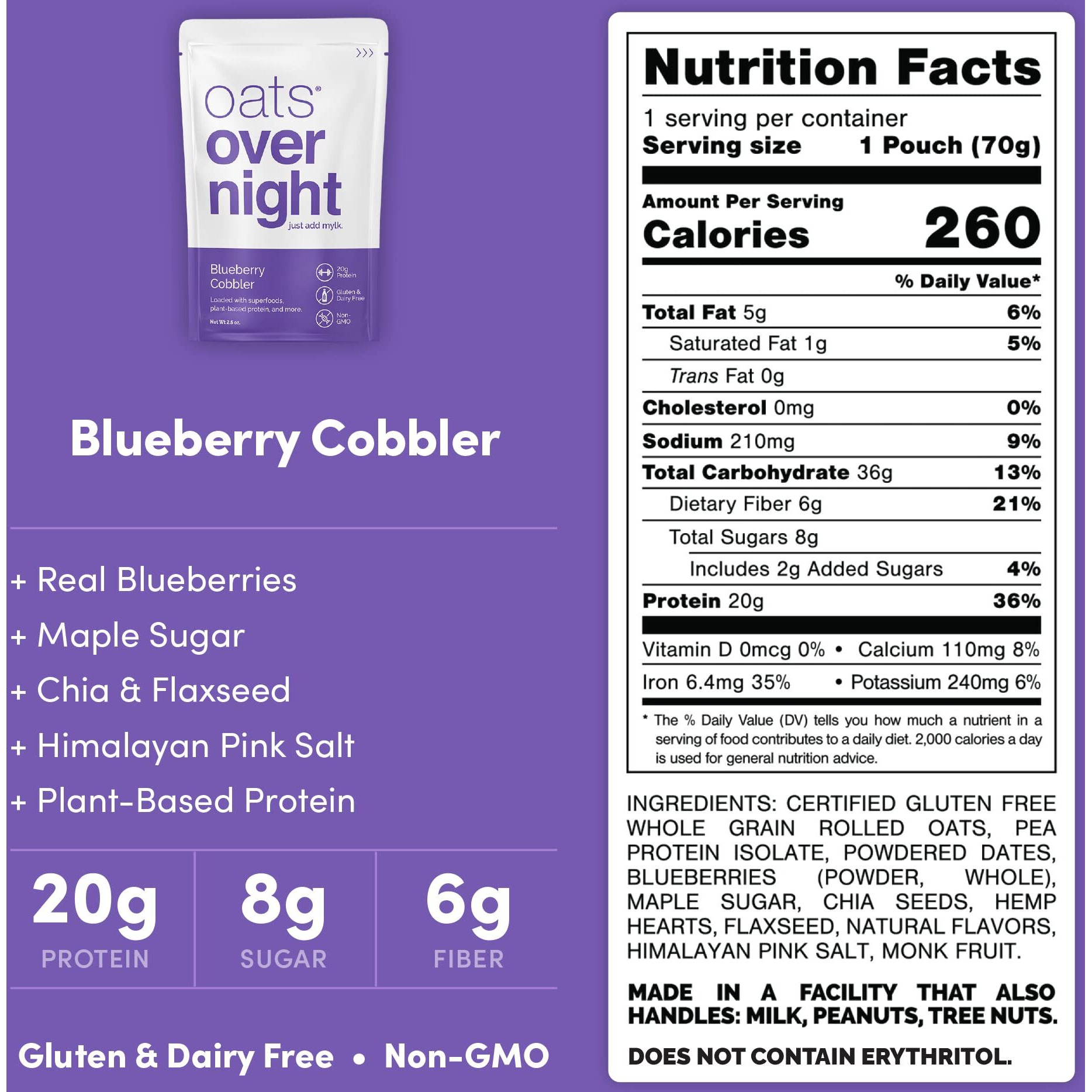 Oats Overnight - Blueberry Cobbler - Vegan, 20G Protein, High Fiber Breakfast Shake - Gluten Free, Non Gmo Oatmeal (2.5 Oz Per Meal) (16 Pack)