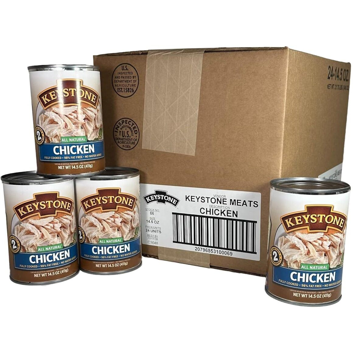 Keystone All Natural Premium Canned Chicken 14.5 Oz Fully Cooked | No Water Added | Ready To Meat | Quick Meals Emergency Survival Food Canned Meat Pack Of 24