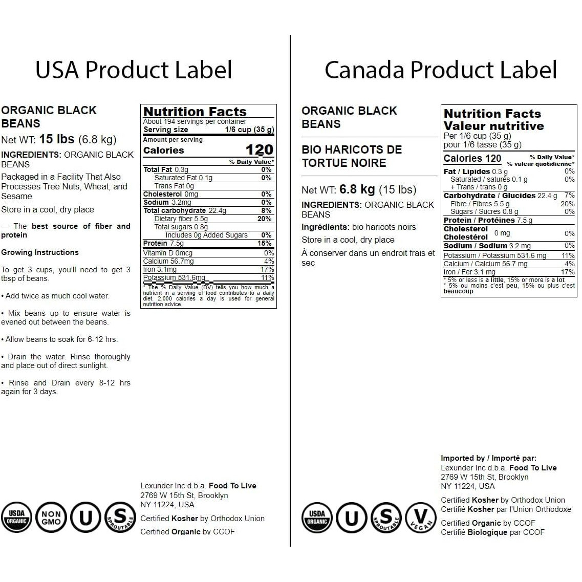 Food To Live - Organic Black Beans, 15 Pounds Non-Gmo, Whole Dried Beans, Sproutable, Vegan, Kosher, Bulk. Great Source Of Plant Based Protein, Fiber. Great For Bean Soup, Salads, Chili.