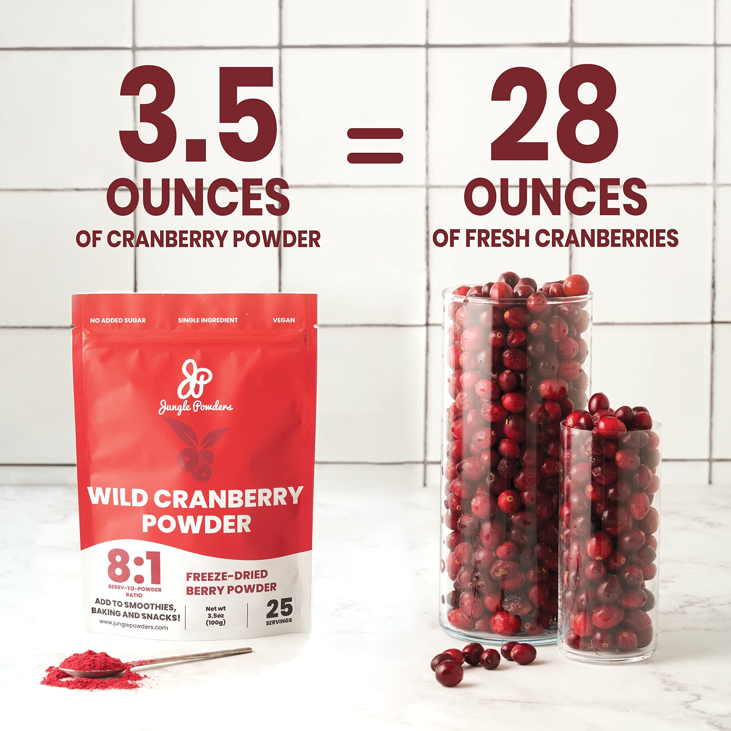 Jungle Powders Wild Cranberry Powder 3.5 Ounce Bag Natural Freeze Dried Cranberries Powdered Cranberry Supplement Freeze Dried Whole Cranberry Extract For Baking Flavoring Dried Fruit No Sugar Added