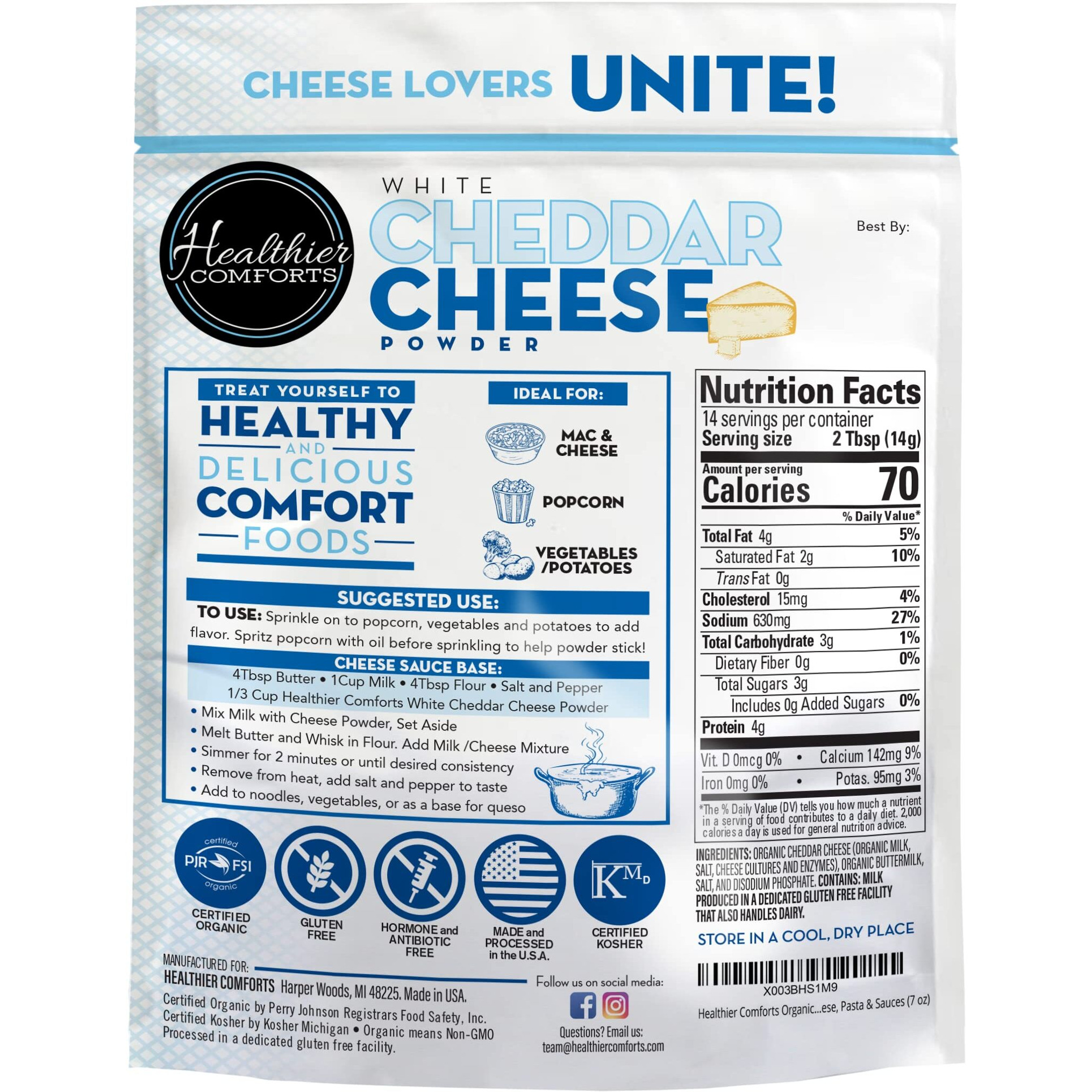 Healthier Comforts Organic White Cheddar Cheese Powder | Gluten Free, Kosher, Keto-Friendly, Non-Gmo, Antibiotic & Hormone Free | Perfect For Popcorn Seasoning, Mac And Cheese, Pasta & Sauces (7 Oz)