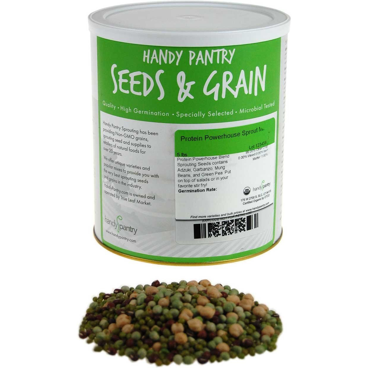 Handy Pantry Protein Powerhouse Sprouting Seed Mix 5 Lb - Organic, Non-Gmo - Sprouting Sprouts, Food Storage. High Protien Sprouts - Pea, Mung, Green Pea, Adzuki
