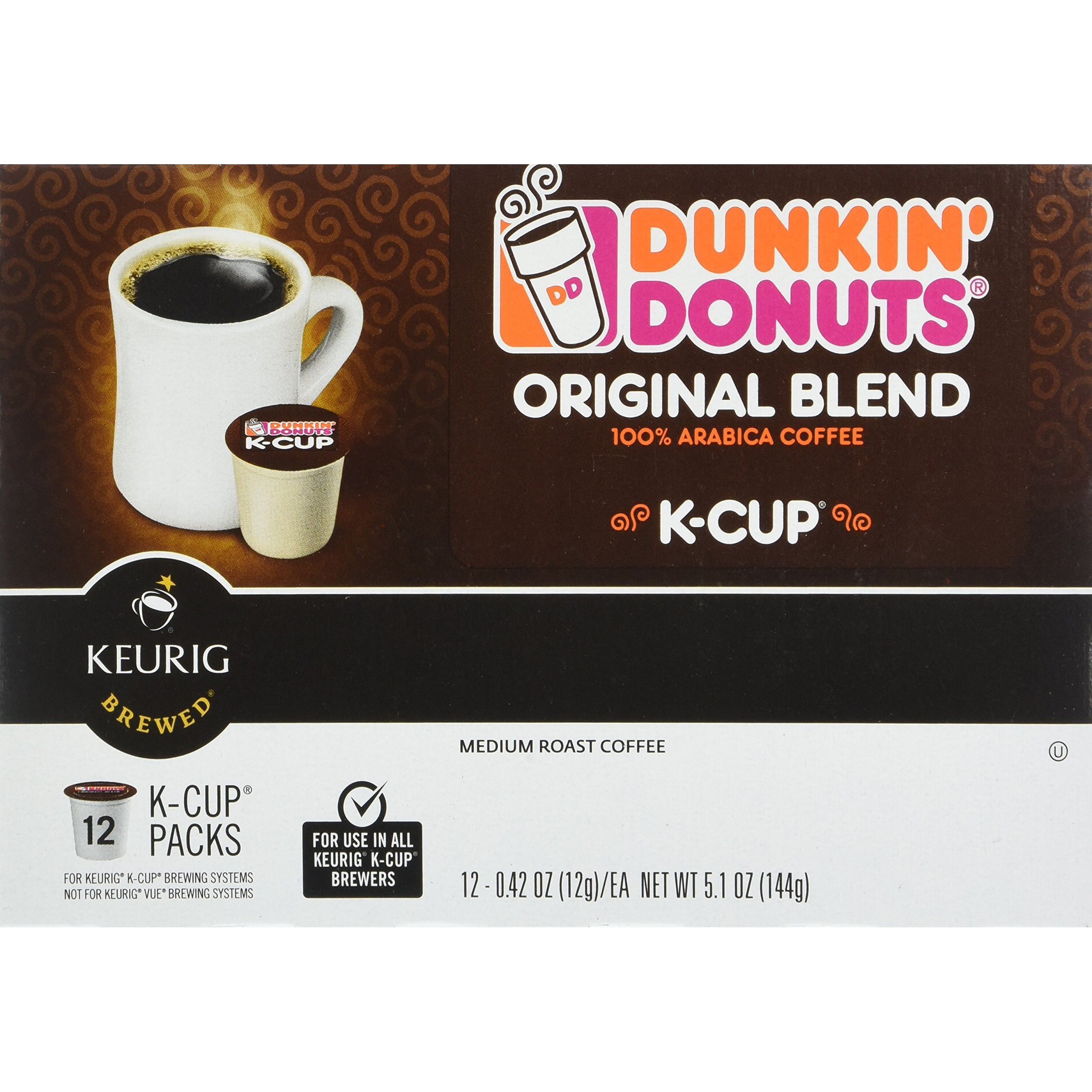 Dunkin' Donuts Original Blend Medium Roast Coffee, 12 K Cups For Keurig Makers