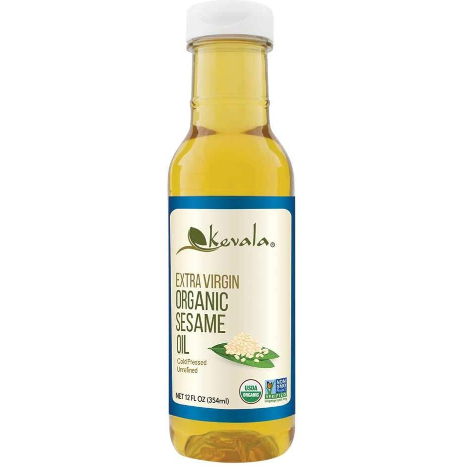 Kevala Organic Extra Virgin Sesame Oil - Premium Sesame Seeds Oil , Cooking Oil , Cold Pressed, Unrefined , Hair Care Oil , Body Oil, Bath Oil , 12 Oz