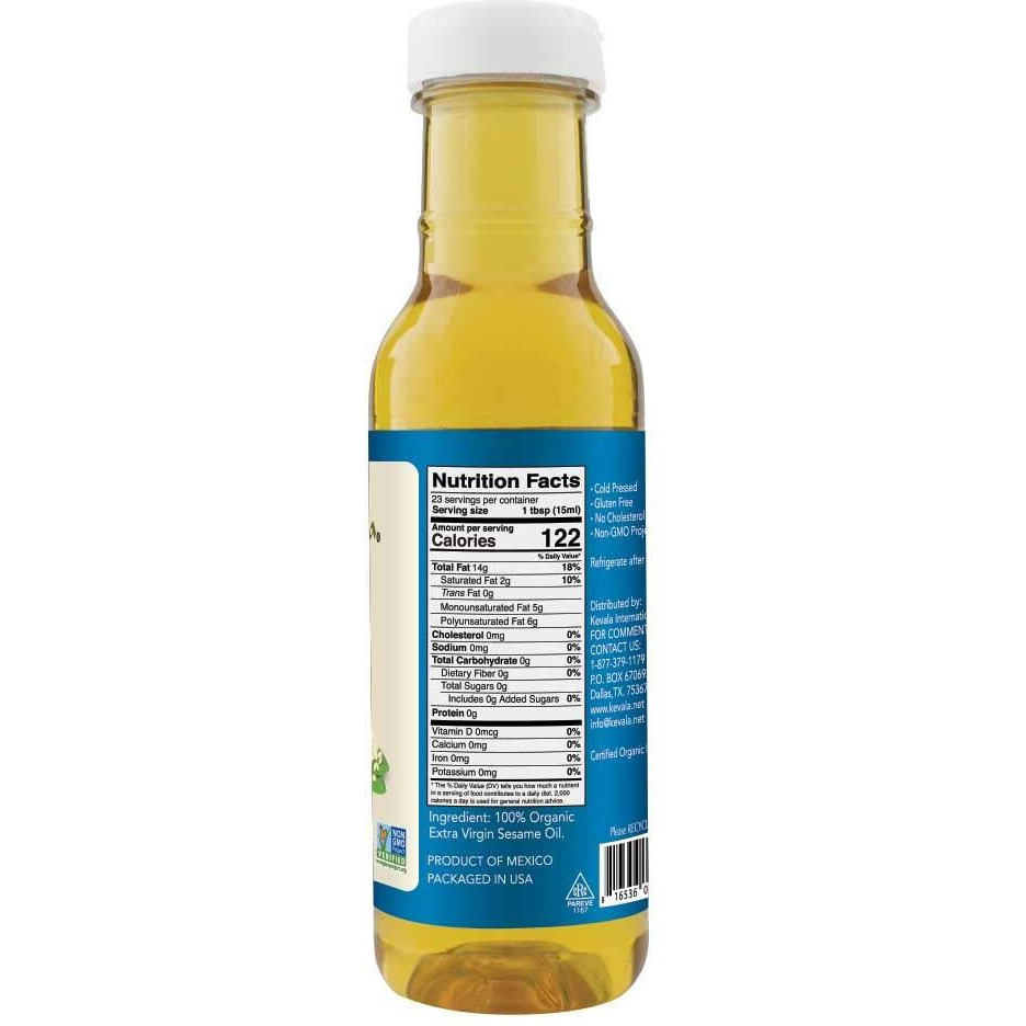 Kevala Organic Extra Virgin Sesame Oil - Premium Sesame Seeds Oil , Cooking Oil , Cold Pressed, Unrefined , Hair Care Oil , Body Oil, Bath Oil , 12 Oz