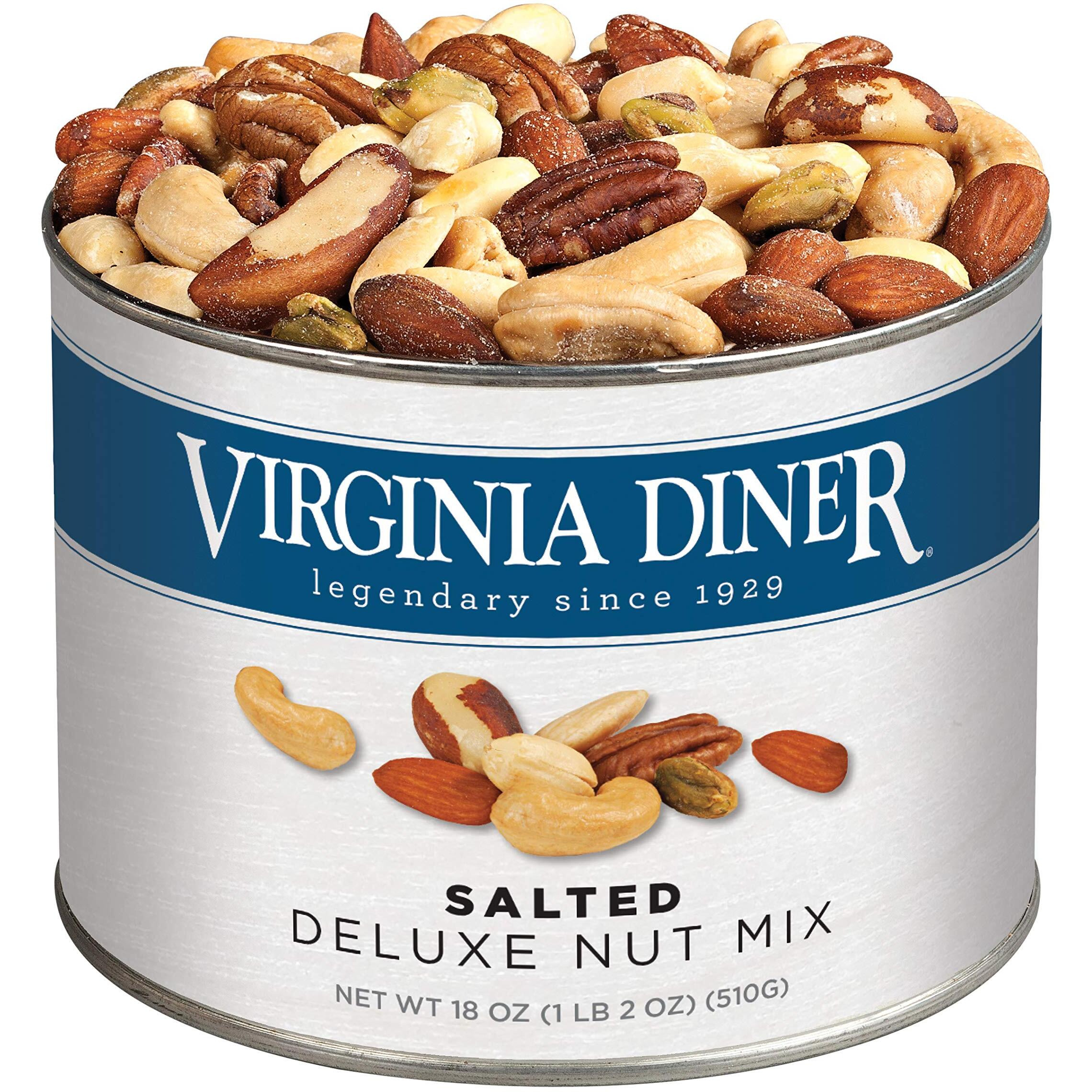 Virginia Diner - Gourmet Natural Deluxe Nut Mix (Virginia Peanuts, Almonds, Cashews, Pecans, Pistachios & Brazil Nuts), 18 Ounce Tin