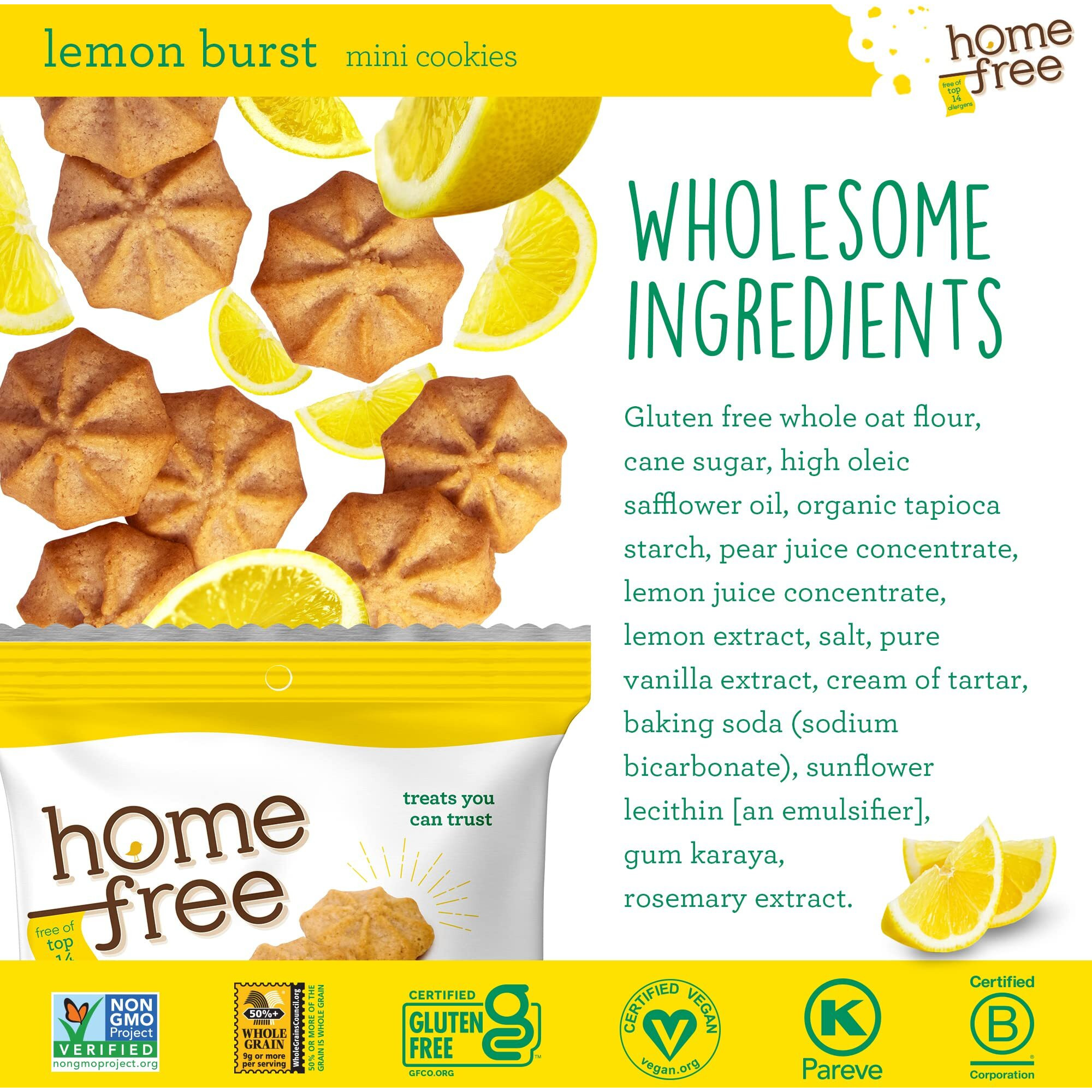 Homefree Treats You Can Trust Gluten Free Mini Cookies, Single Serve, Lemon Burst, 1.0 Ounce (Pack Of 10)