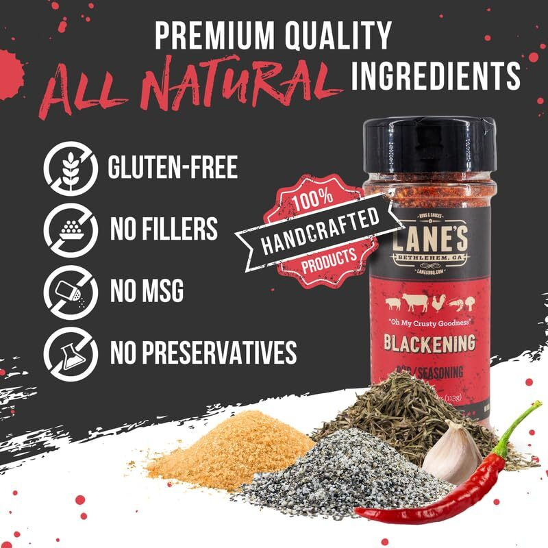 Lane's Blackened Seasoning Spice, All-Natural Blackened Fish Seasoning For Pork, Beef & Seafood, Cajun Blackening Seasoning, Made In The Usa, 4.6 Oz