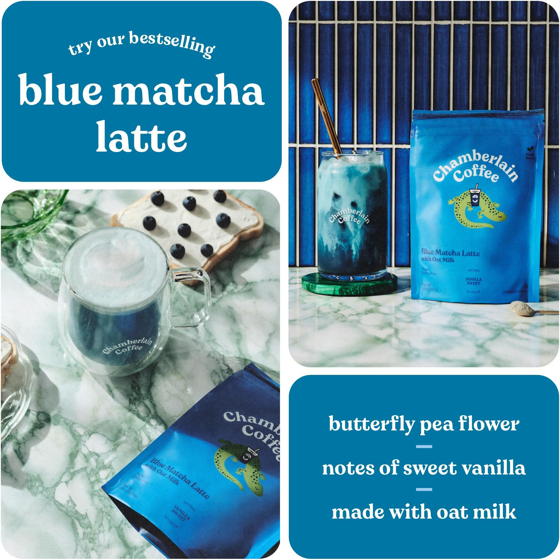 Chamberlain Coffee Blue Matcha Latte - Vegan Matcha Latte With Oat Milk - Antioxidant Rich, Blue Butterfly Pea Flower + Japanese Matcha Powder - 10 Servings