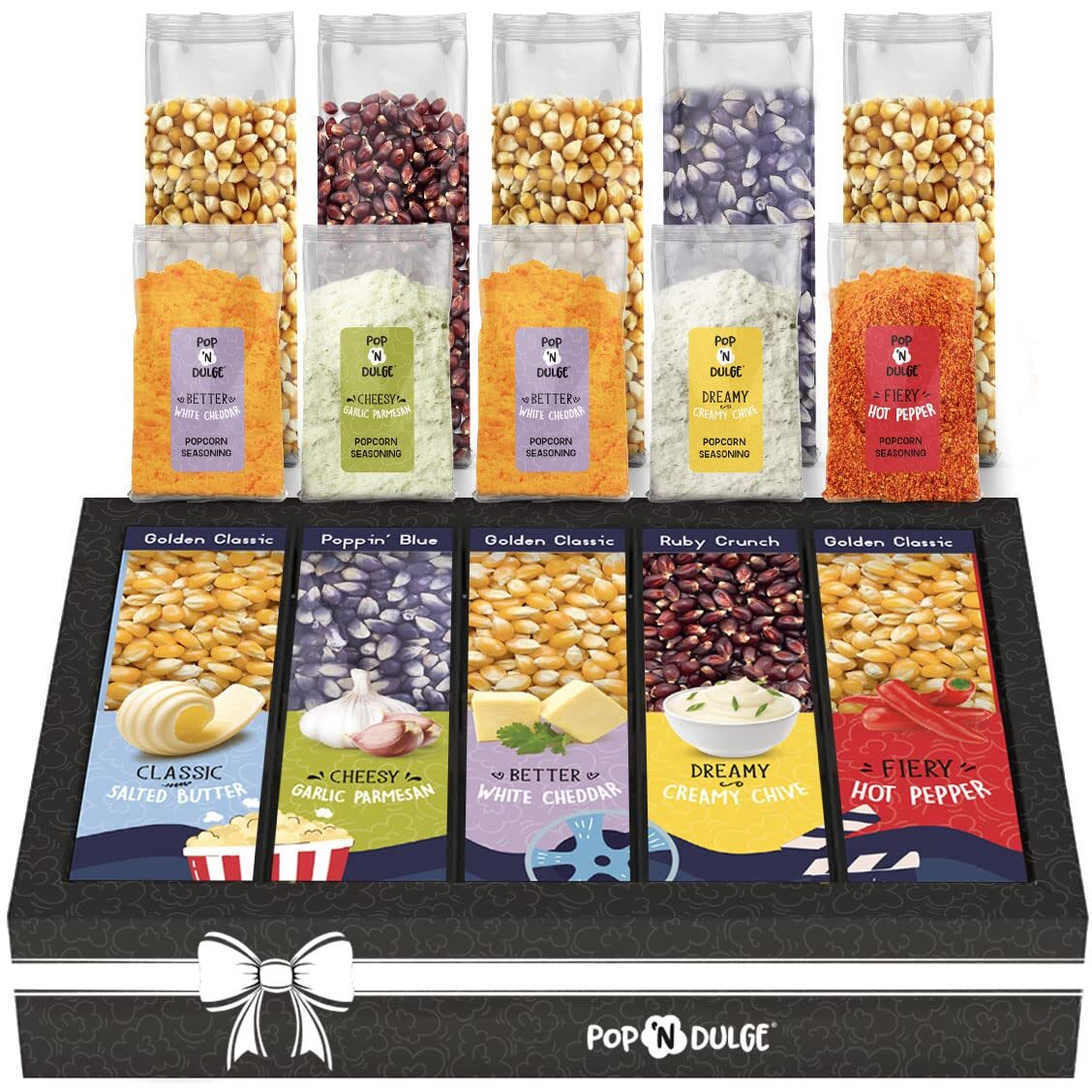 Movie Night Gift Baskets Popcorn Gifts For Christmas Holiday Gift Christmas Gift Sets, 5 Gourmet Popcorn Kernels And 5 Popcorn Flavoring, Non-Gmo Popcorn Gifts - 10 Pack