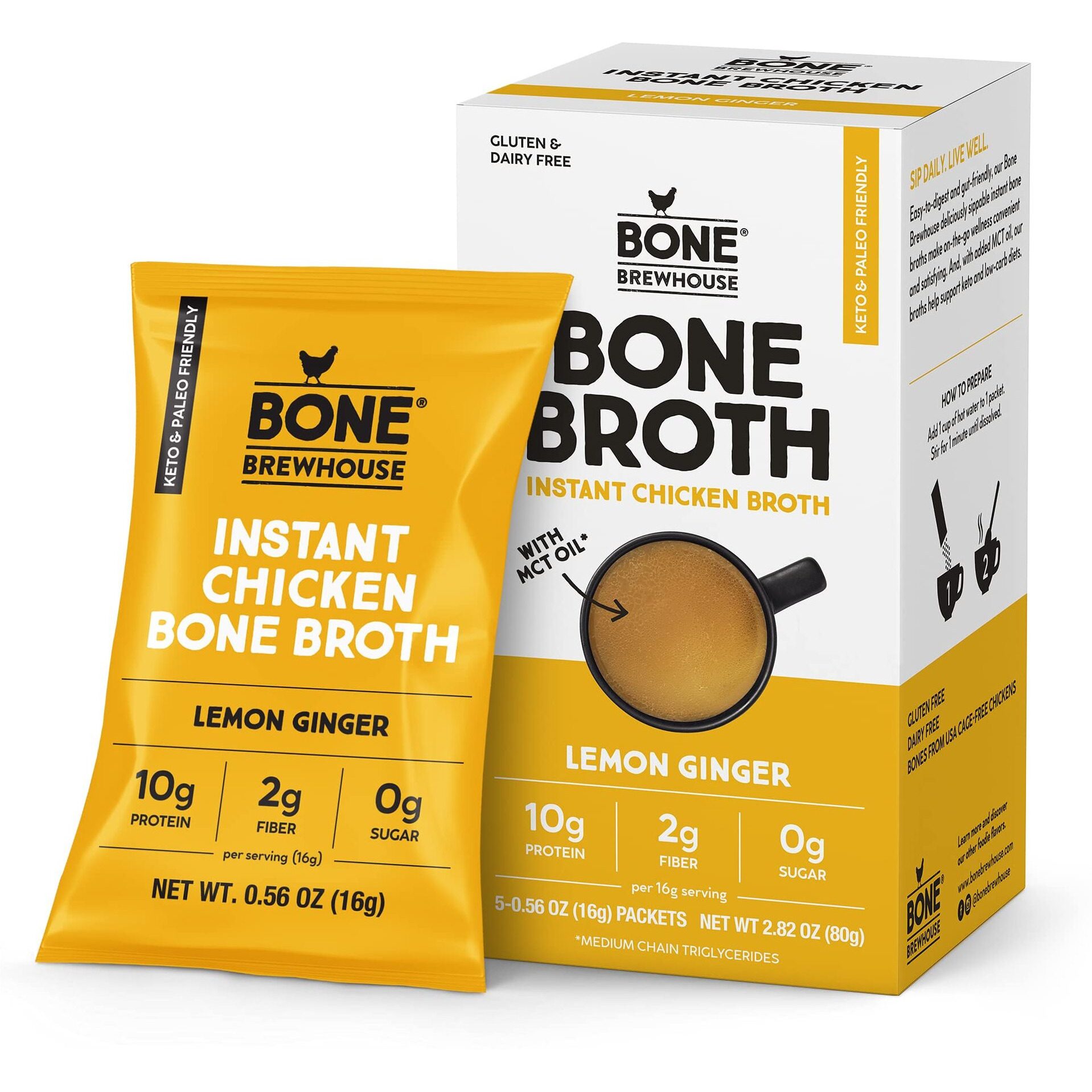 Bone Brewhouse - Chicken Bone Broth Protein Powder - Lemon Ginger Flavor - Keto & Paleo Friendly - Instant Soup Broth - 10G Protein - Natural Collagen, Gluten-Free & Dairy Free - 5 Individual Packets