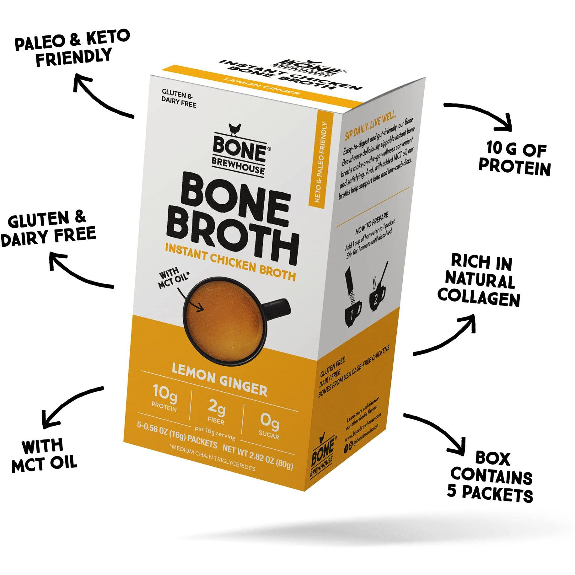 Bone Brewhouse - Chicken Bone Broth Protein Powder - Lemon Ginger Flavor - Keto & Paleo Friendly - Instant Soup Broth - 10G Protein - Natural Collagen, Gluten-Free & Dairy Free - 5 Individual Packets