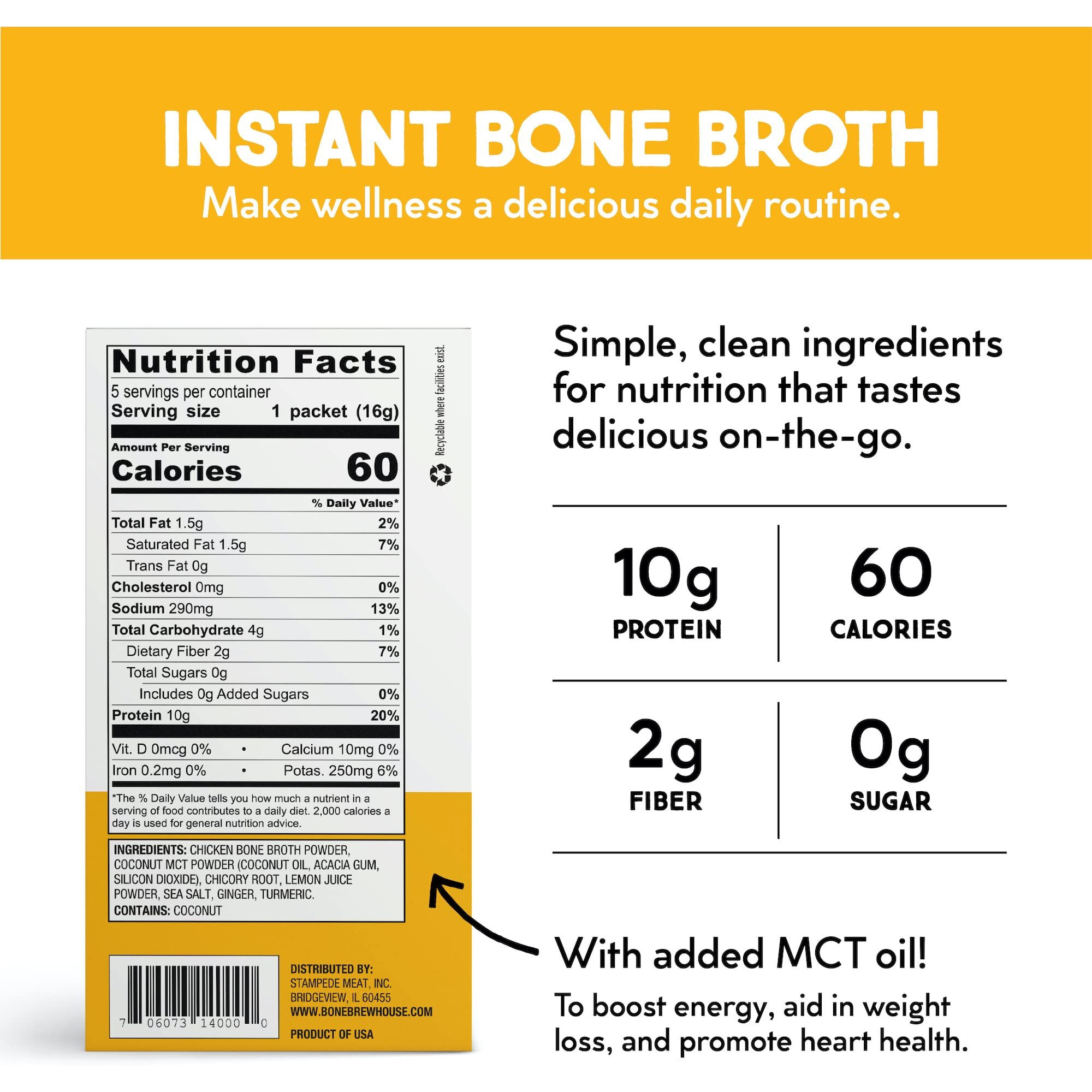 Bone Brewhouse - Chicken Bone Broth Protein Powder - Lemon Ginger Flavor - Keto & Paleo Friendly - Instant Soup Broth - 10G Protein - Natural Collagen, Gluten-Free & Dairy Free - 5 Individual Packets