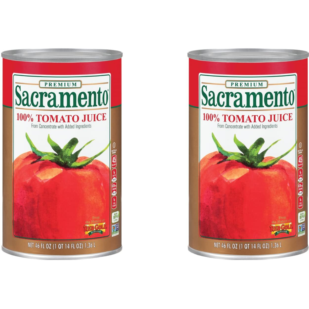 Sacramento Tomato Juice, No Added Sugar Or High Fructose Corn Syrup, 46 Ounce Cans, 2-Pack