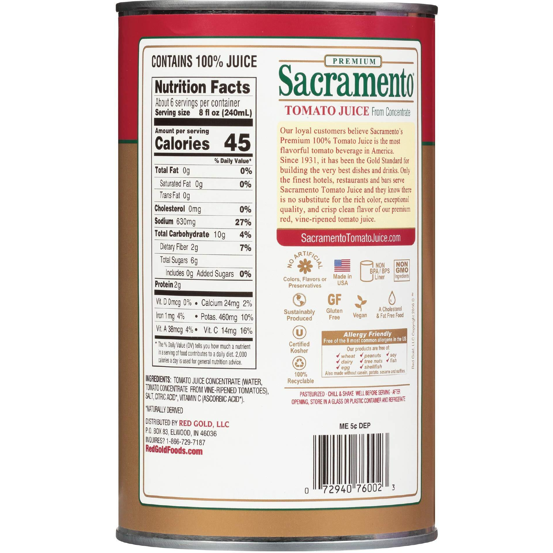 Sacramento Tomato Juice, No Added Sugar Or High Fructose Corn Syrup, 46 Ounce Cans, 2-Pack