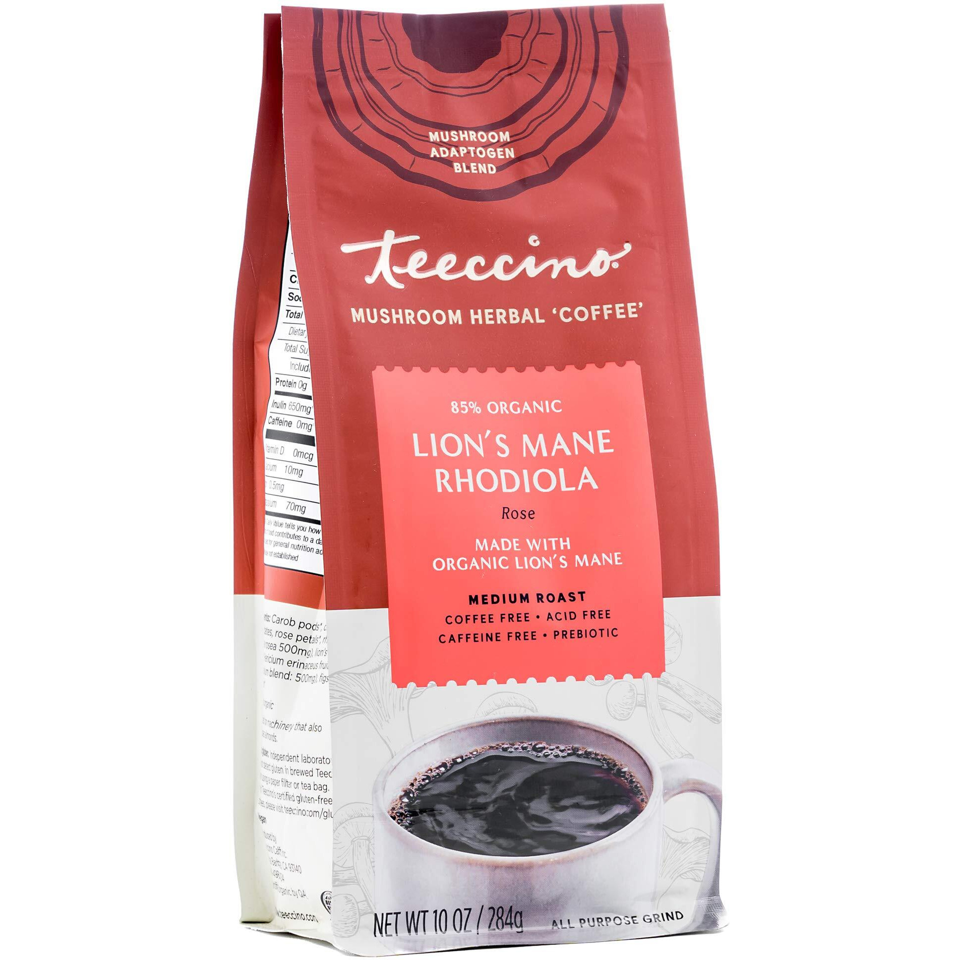 Teeccino Lions Mane Rhodiola Coffee Alternative - Rose - Adaptogenic Herbal Mushroom Coffee, Medium Roast, Caffeine Free, Prebiotic, Acid Free, All-Purpose Grind - 10 Oz