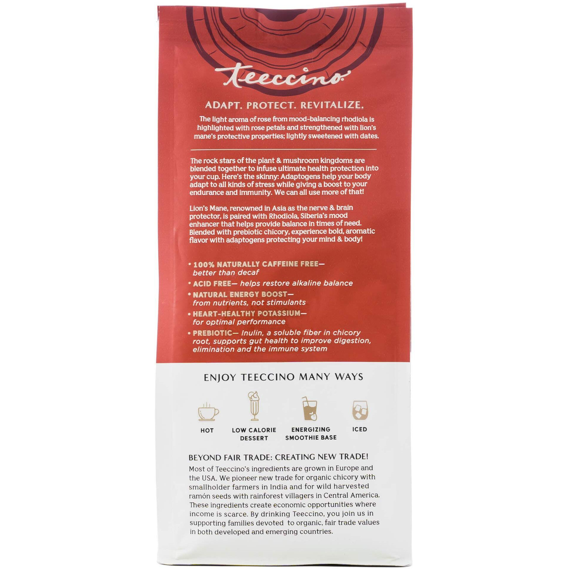 Teeccino Lions Mane Rhodiola Coffee Alternative - Rose - Adaptogenic Herbal Mushroom Coffee, Medium Roast, Caffeine Free, Prebiotic, Acid Free, All-Purpose Grind - 10 Oz