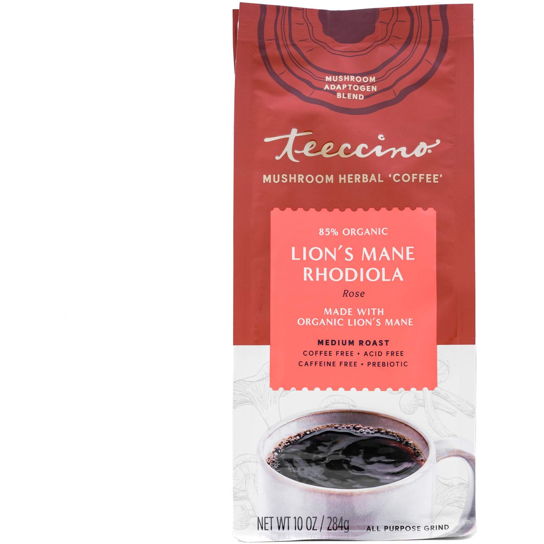 Teeccino Lions Mane Rhodiola Coffee Alternative - Rose - Adaptogenic Herbal Mushroom Coffee, Medium Roast, Caffeine Free, Prebiotic, Acid Free, All-Purpose Grind - 10 Oz