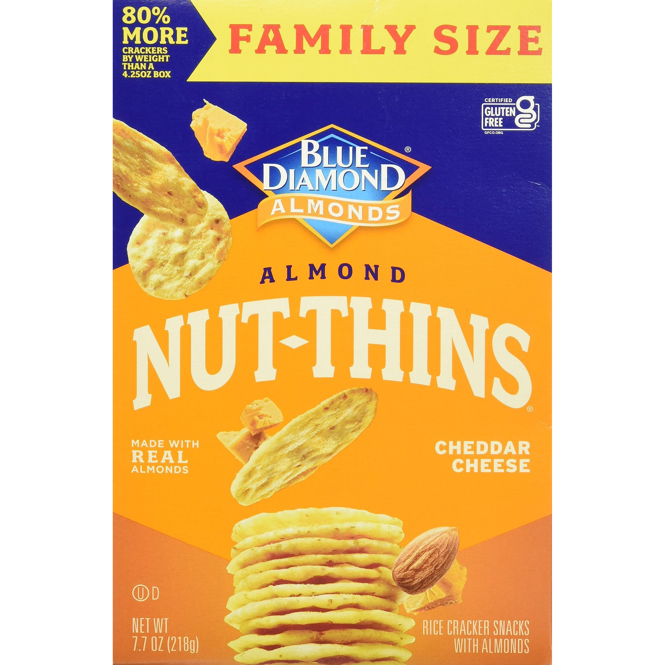 Blue Diamond Almonds Nut-Thins Gluten Free Cracker Crisps, Cheddar Cheese, Family Size, 7.7 Oz