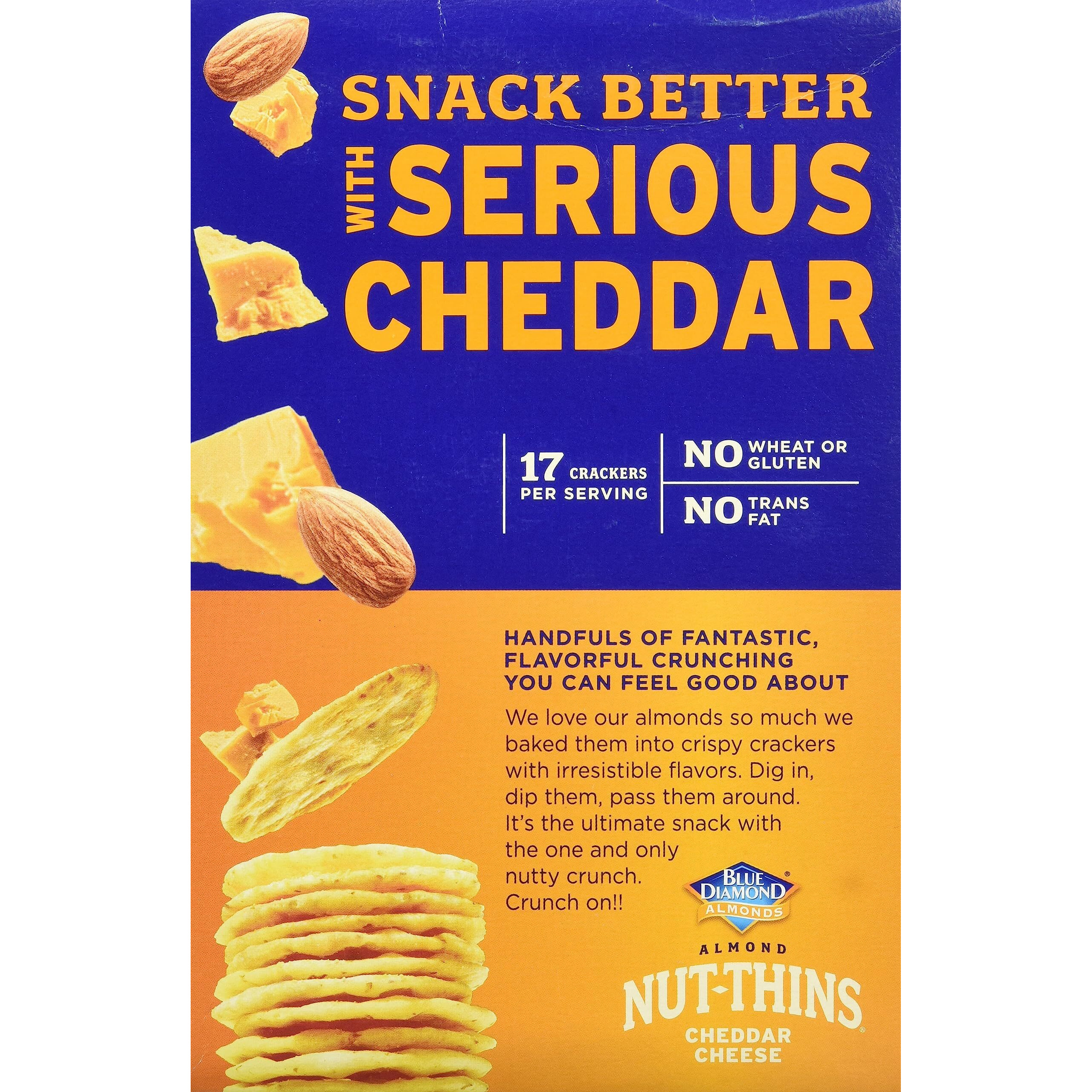 Blue Diamond Almonds Nut-Thins Gluten Free Cracker Crisps, Cheddar Cheese, Family Size, 7.7 Oz