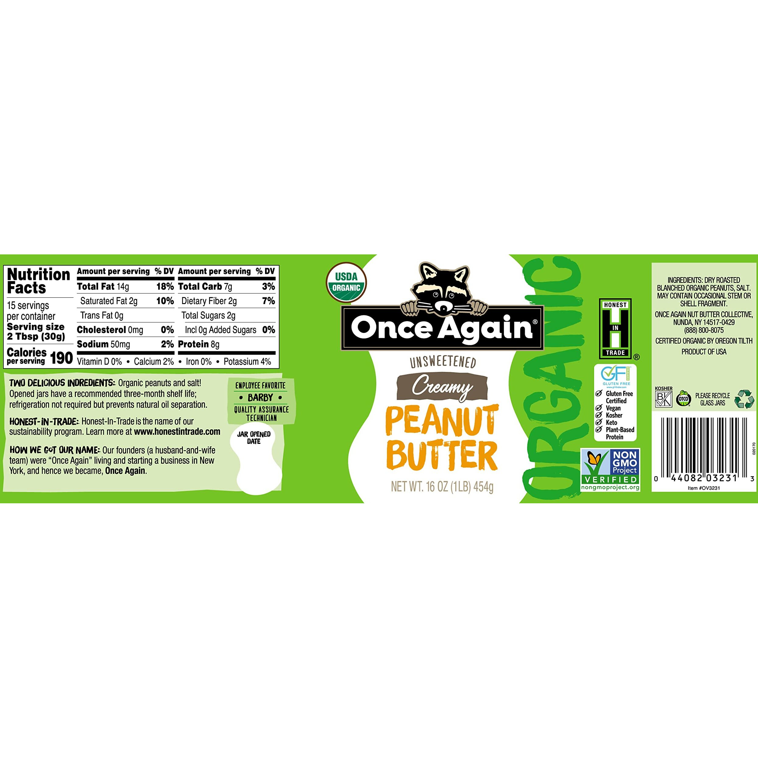 Once Again Organic Creamy Peanut Butter, 16Oz - Lightly Salted, Unsweetened - Usda Organic, Gluten Free Certified, Vegan, Kosher - Glass Jar