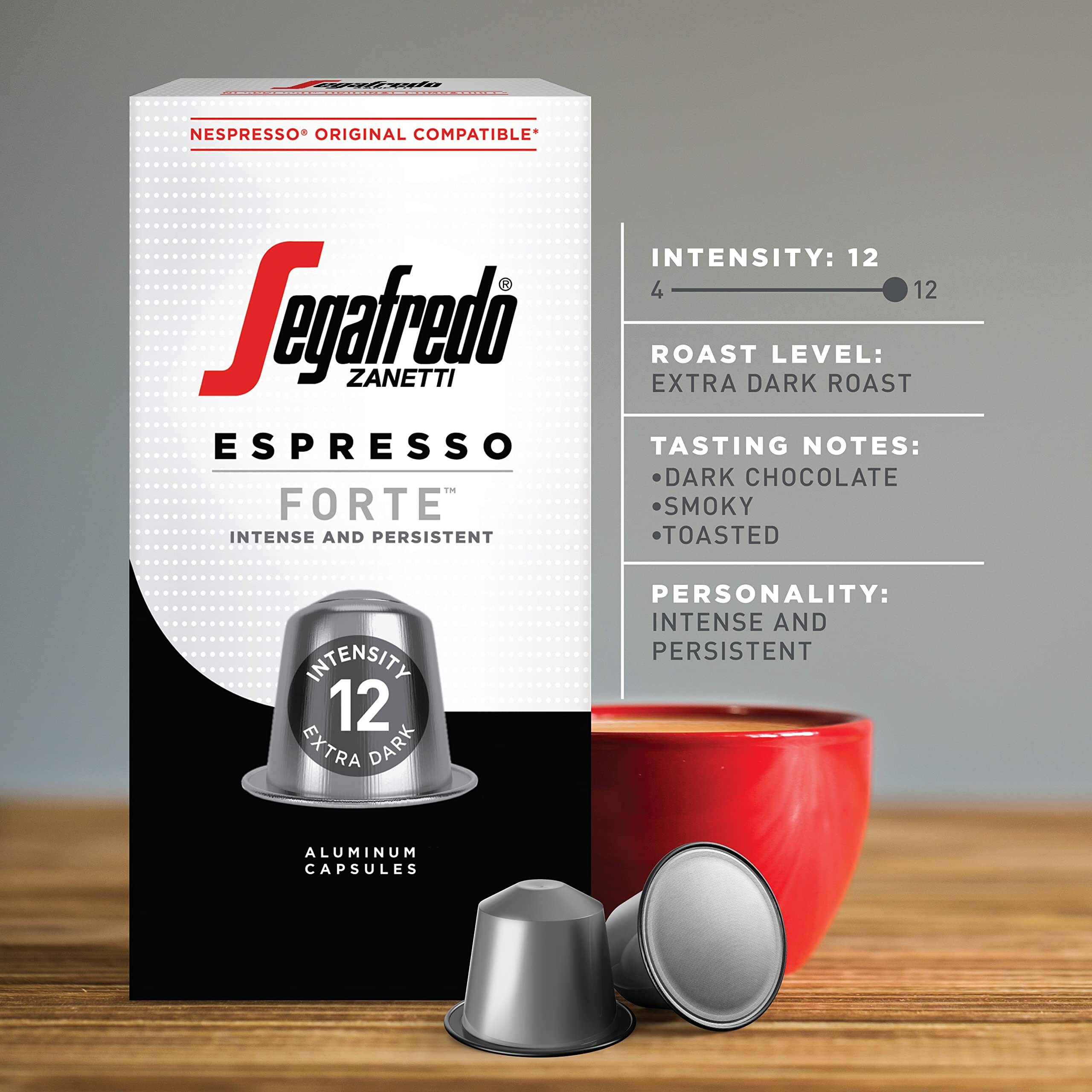 Segafredo Zanetti Forte Espresso Capsules, Extra Dark Roast, Intensity 12, Compatible With Nespresso Original Machines, 10 Count Aluminum Pods