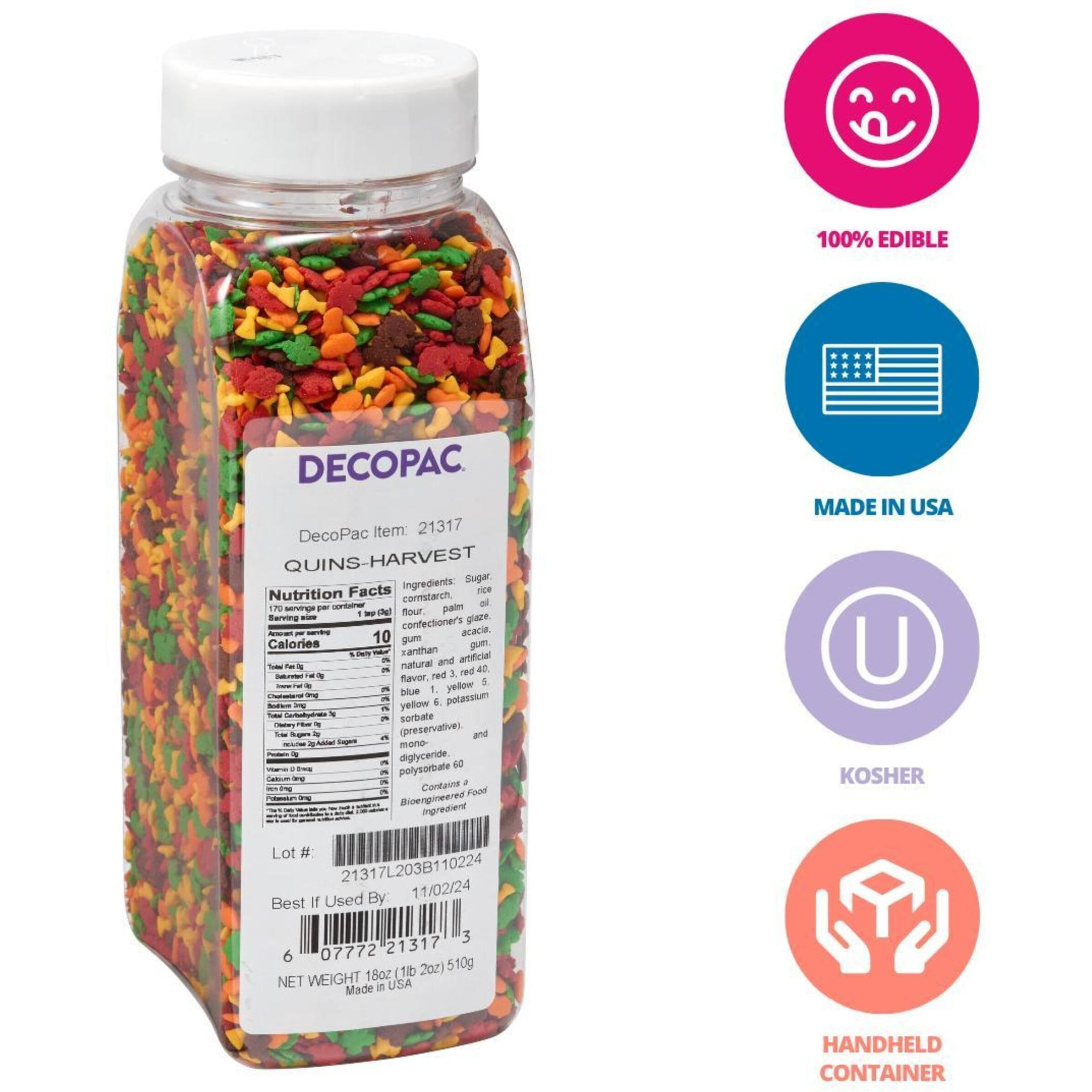 Decopac Harvest Thanksgiving Quins, 18Oz, Fancy Sprinkles In Pumpkin, Leaf & Haystack Shapes, Candy Sprinkles In Handheld Container, Edible Sprinkles For Celebration Cakes, Cupcakes, Cookies