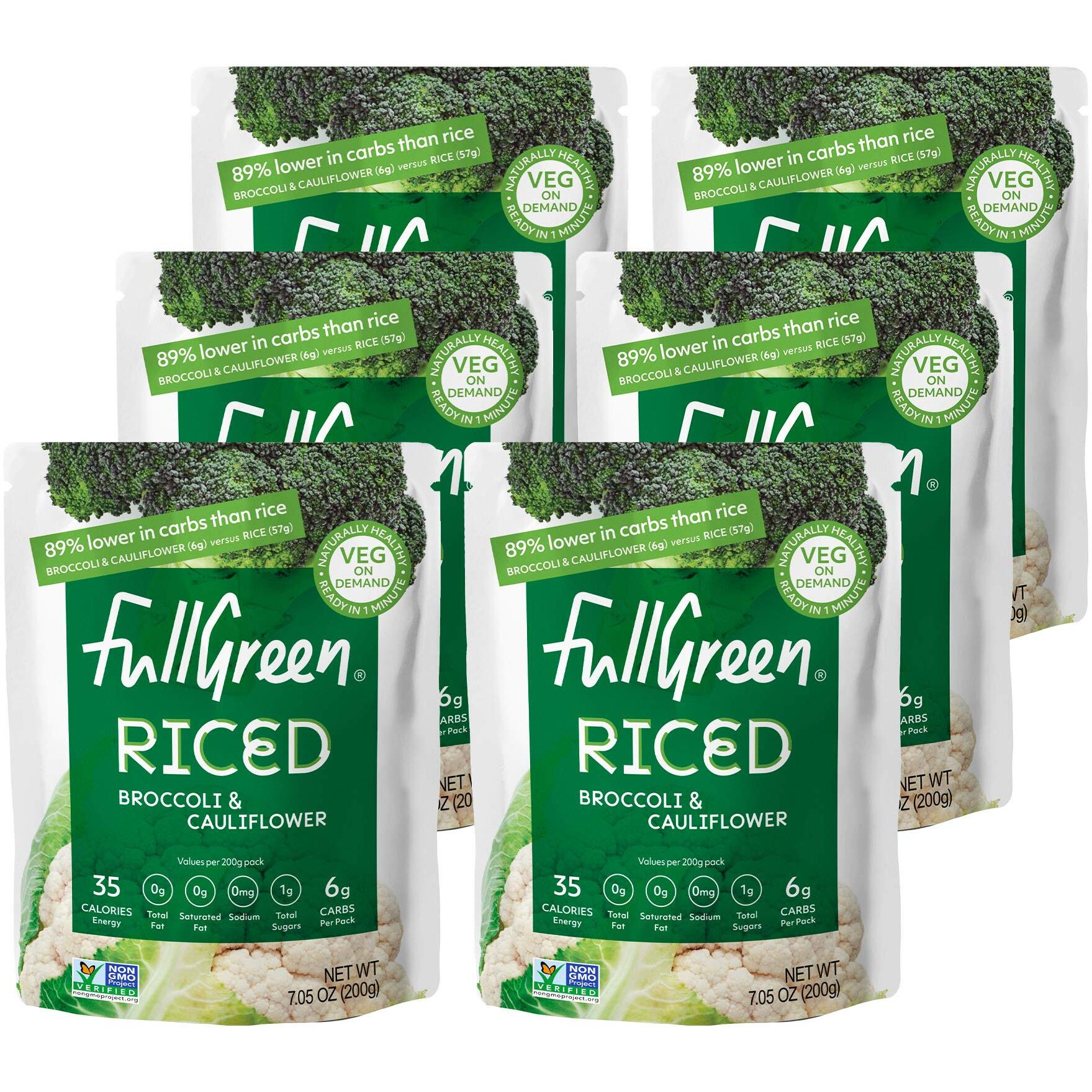 Fullgreen, Riced Broccoli And Cauliflower, 100% Veg, Shelf-Stable, No Preservatives, Vegan, Keto And 89% Lower-Carbs Than Rice - Case Of 6 Pouches