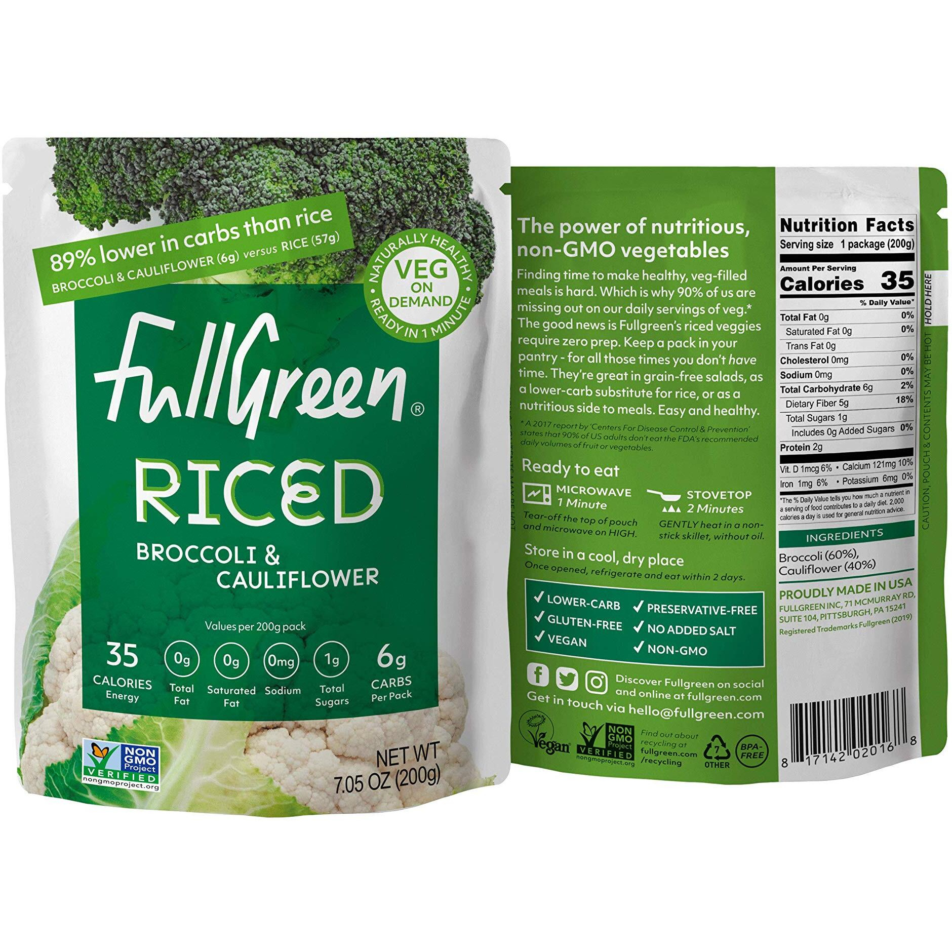 Fullgreen, Riced Broccoli And Cauliflower, 100% Veg, Shelf-Stable, No Preservatives, Vegan, Keto And 89% Lower-Carbs Than Rice - Case Of 6 Pouches