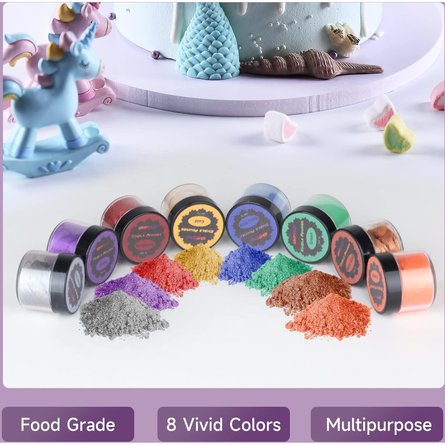 Cakestar Edible Glitter, 8 Colors Edible Luster Dust, Edible Glitters For Drinks, Food Shimmer Dust For Cookies, Cake Decorating, Strawberries, 7G/Bottle