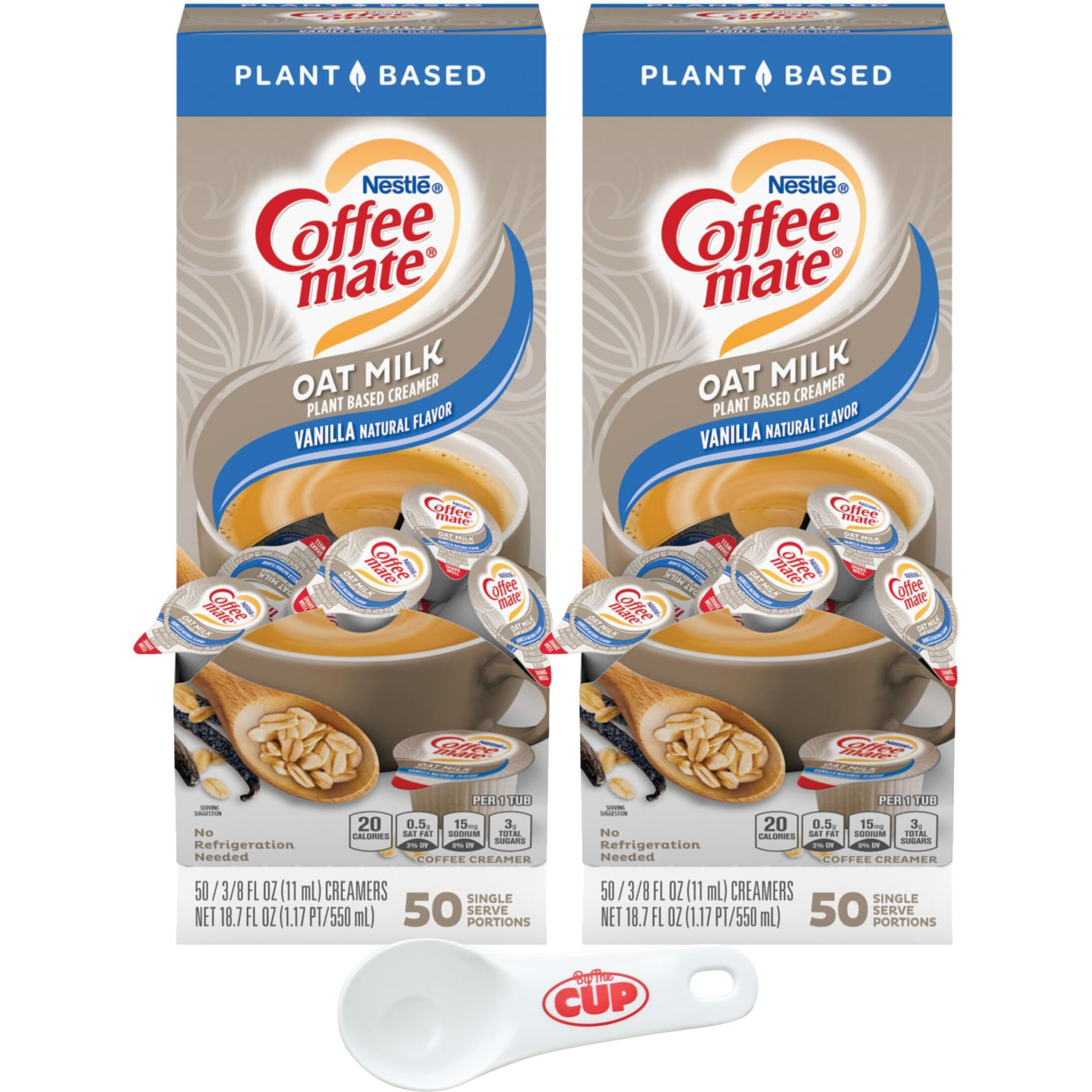 Nestle Coffee Mate Plant Based Liquid Coffee Creamer Singles, Vanilla Flavored Oat Milk, 50 Ct Box (Pack Of 2) With By The Cup Coffee Scoop