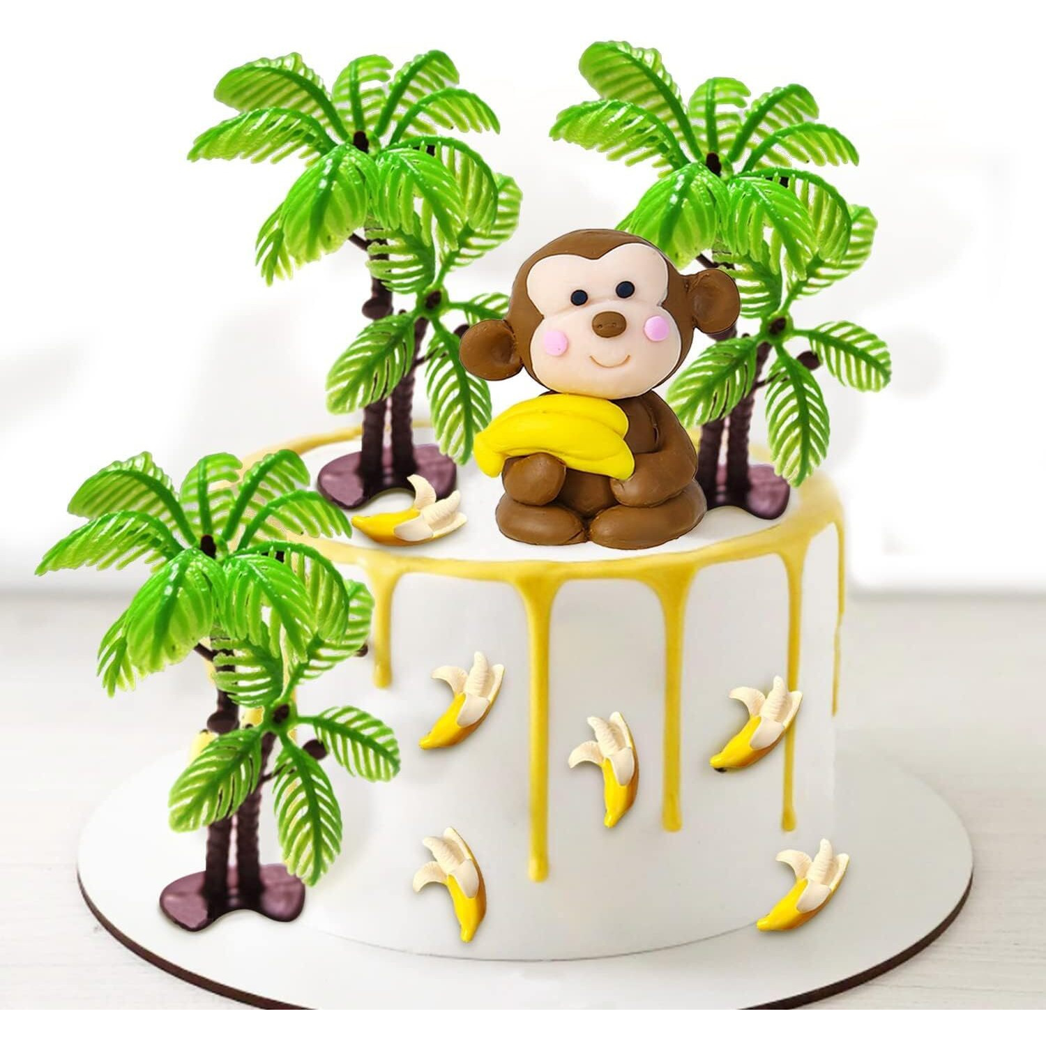 11 Pcs Monkey Cake Topper With Coconut Trees Banana Cake Decoration For Jungle Safari Animal Themed Birthday Baby Shower Party Supplies