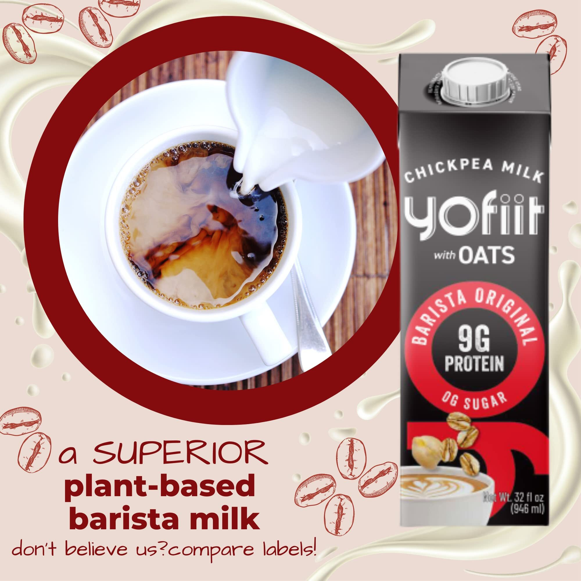 Great Tasting, Frothy, Zero Sugar, Yofiit Barista Blend With Oats Non Dairy Milk Is The High Protein Coffee Vegan Creamer You Want, 9G Protein - Froths Well - Low Carb, High Protein, Shelf Stable Milk (6 Pack)
