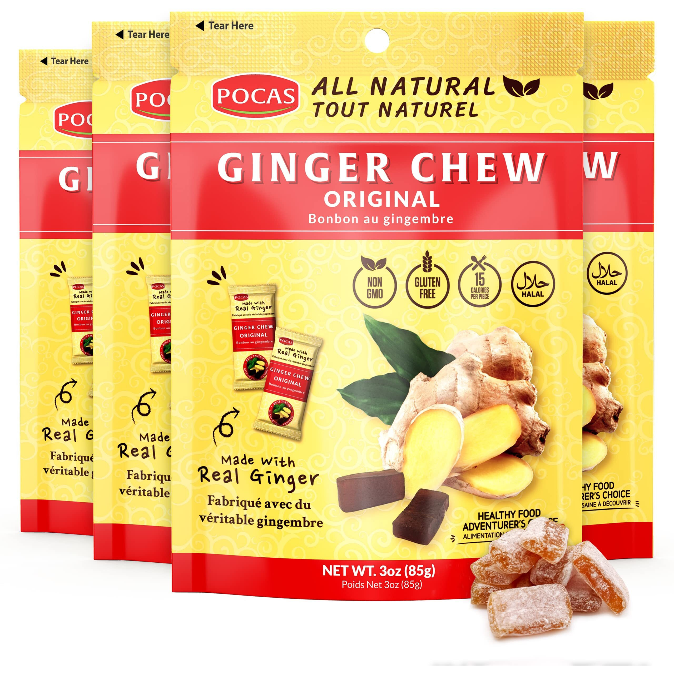 Pocas Original Ginger Chews - Sweet And Zesty Ginger Chew, Individually Wrapped Low-Calorie Snacks, Ginger Candy Made With Pure Cane Sugar, 3 Oz Ea (Pack Of 4)